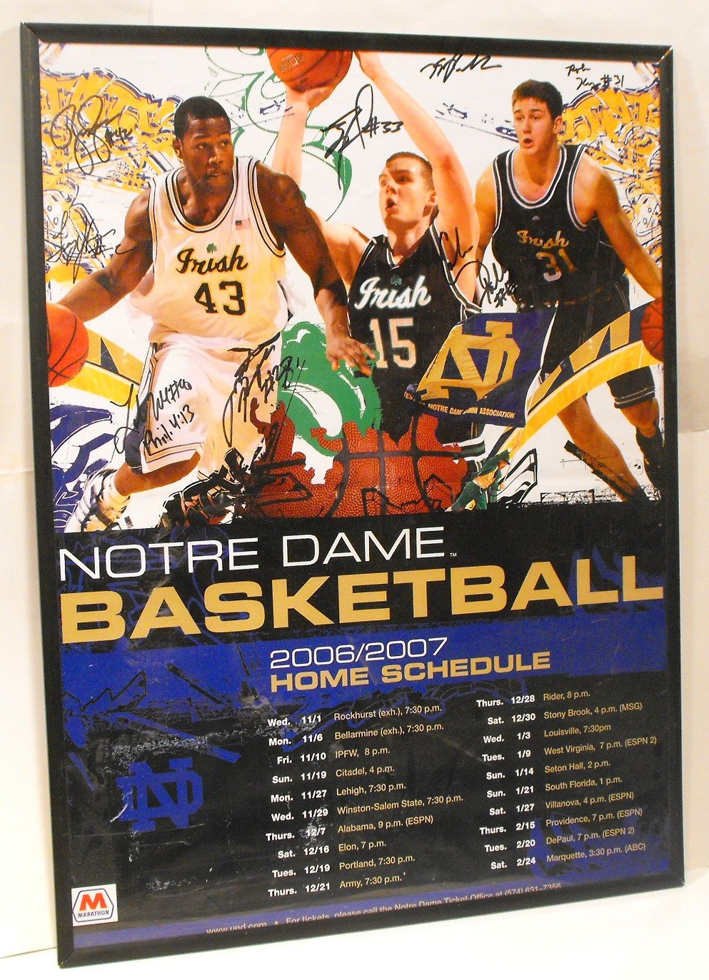 2006-07 Notre Dame Mens Basketball Autographed Framed Poster