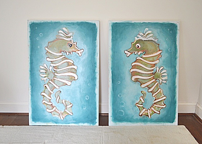 2 Colorful Signed Seahorse Paintings