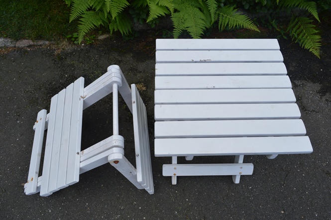 Two White Slatted Wooden Fold Out Side Tables