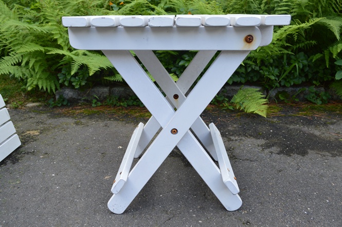 Two White Slatted Wooden Fold Out Side Tables