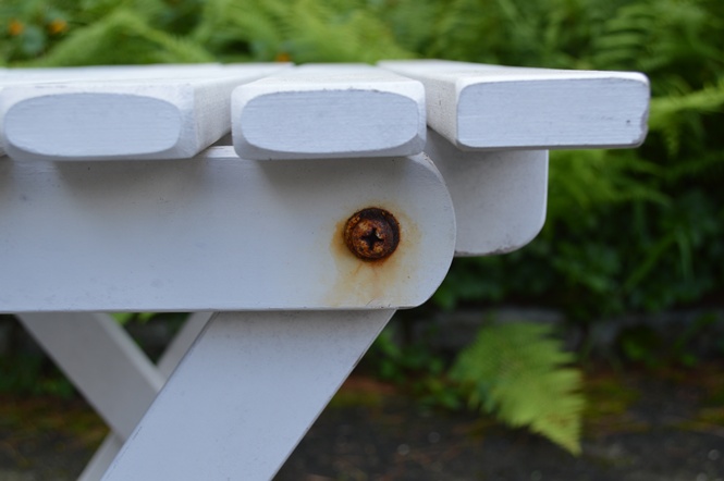 Two White Slatted Wooden Fold Out Side Tables
