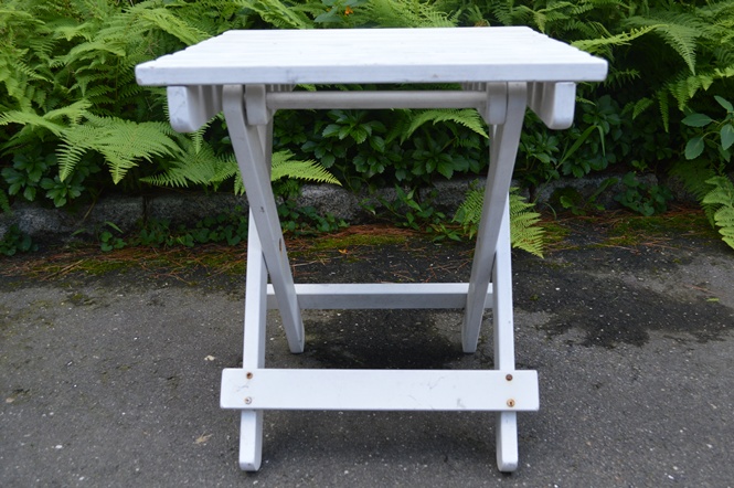 Two White Slatted Wooden Fold Out Side Tables