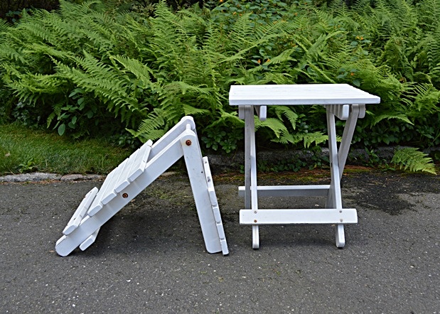 Two White Slatted Wooden Fold Out Side Tables