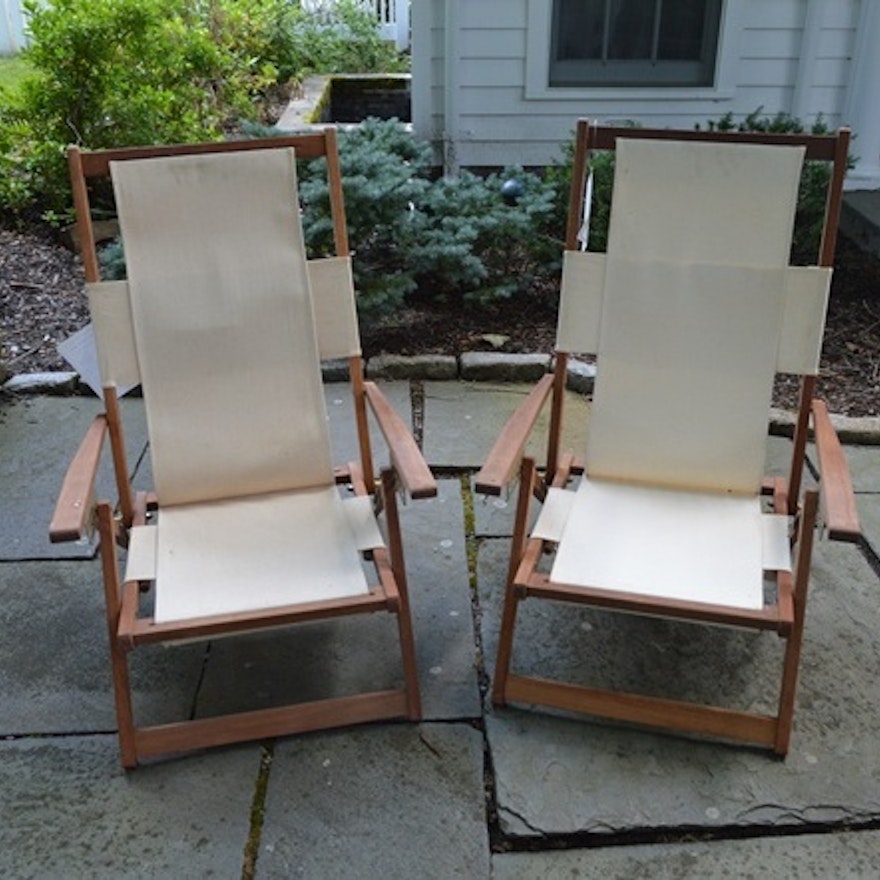 Crate and Barrel Canvas and Wood Folding Beach Chairs