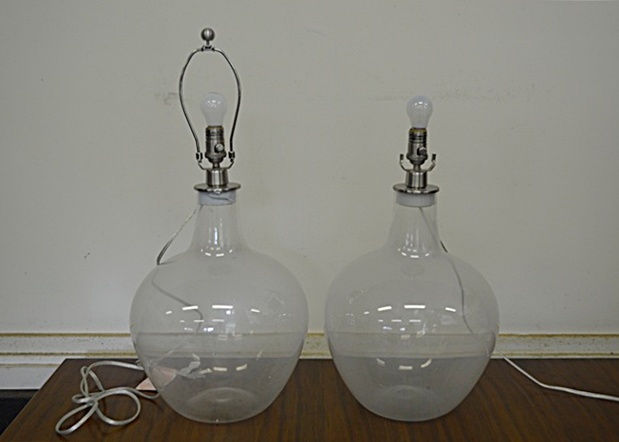 2 Sleek, Modern, Clear Hand Blown Glass Lamps