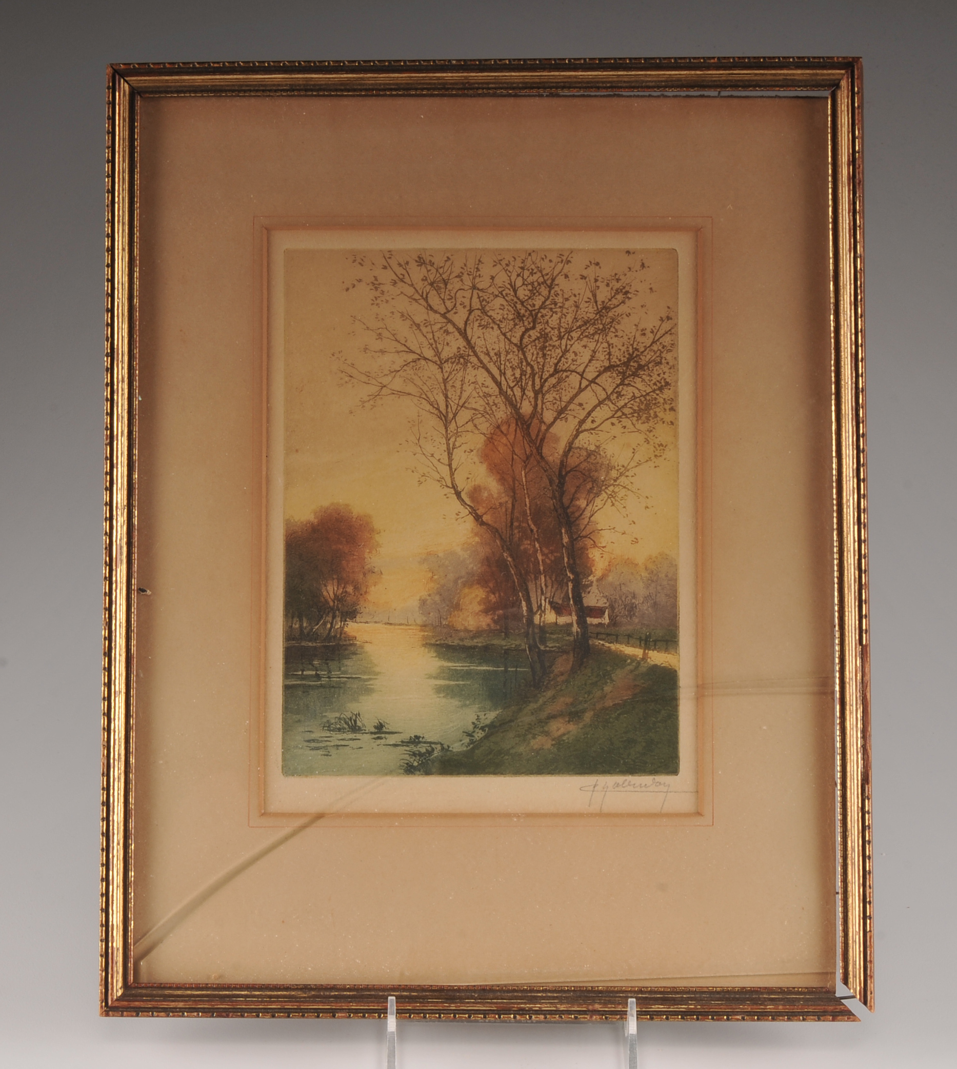 Signed Vintage Print of Tree at the Edge of a River