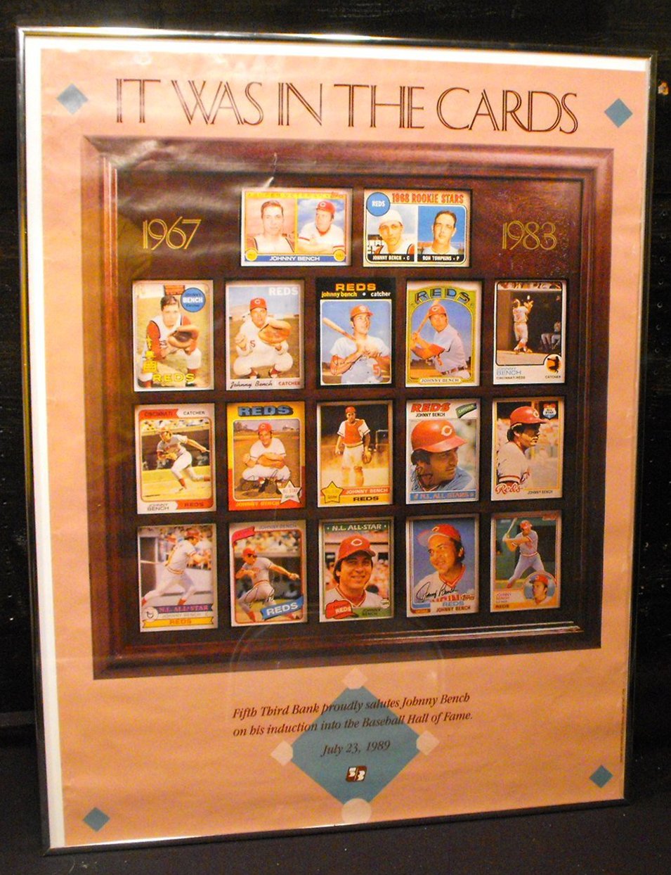 1989 Framed HOF Johnny Bench "IT WAS IN THE CARDS" Cincinnati Reds Poster