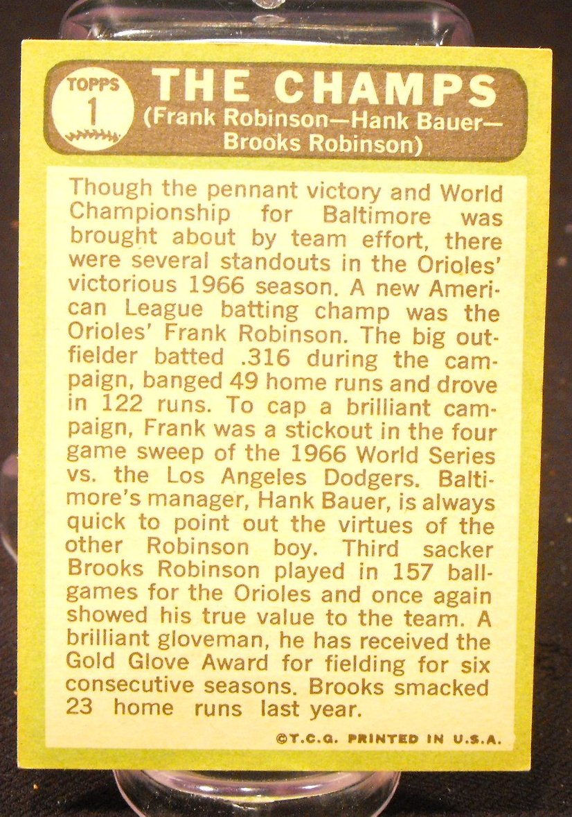 1967 Topps #1 "THE CHAMPS" @ Frank Robinson & Brooks Robinson Baseball Card