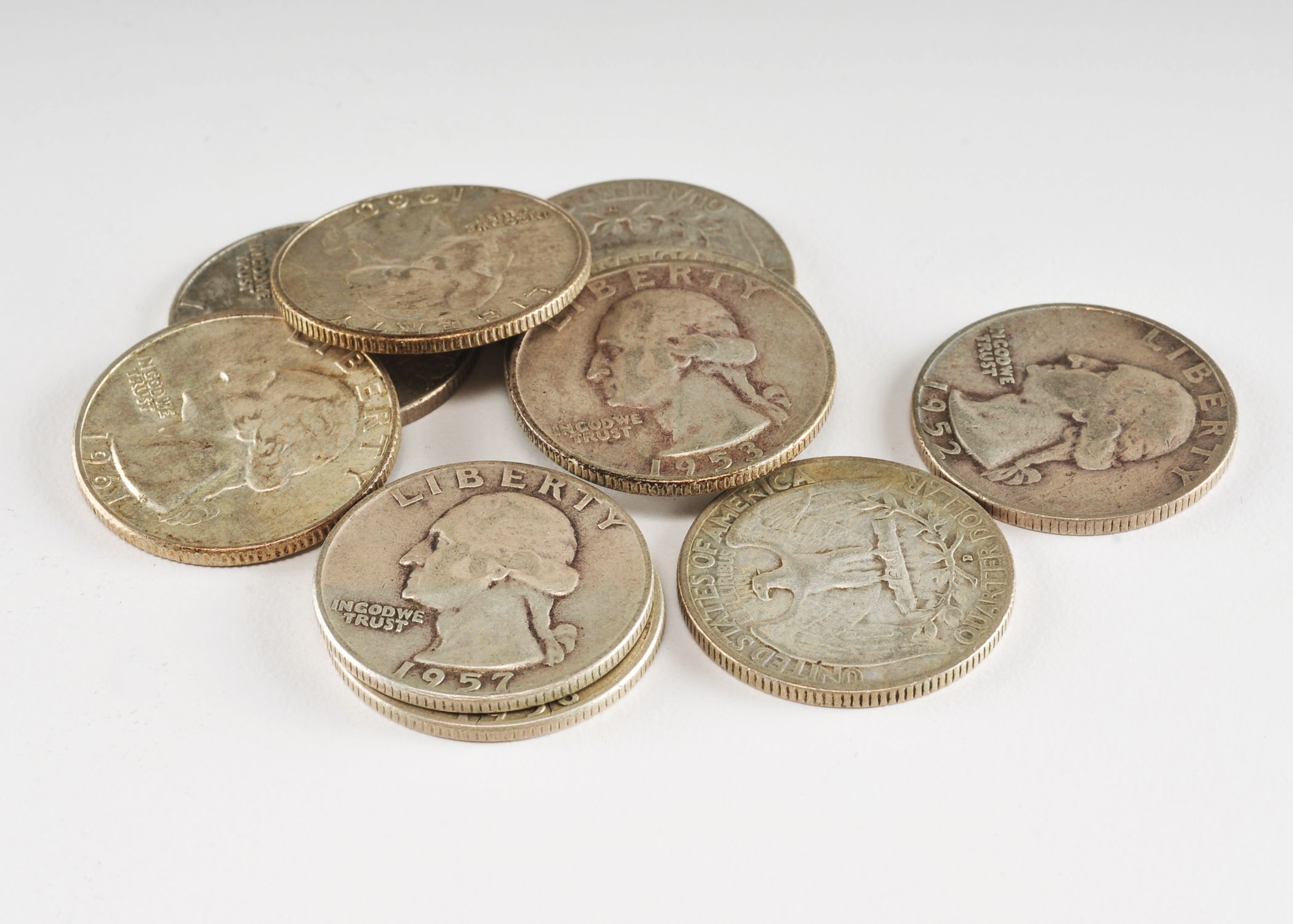 Group of (10) George Washington silver quarters including the following: 1952 D, 1953 D, 1956, 1957 D, 1958 D, 1959, 1959 D, 1960, 1960 D, and 1961 D