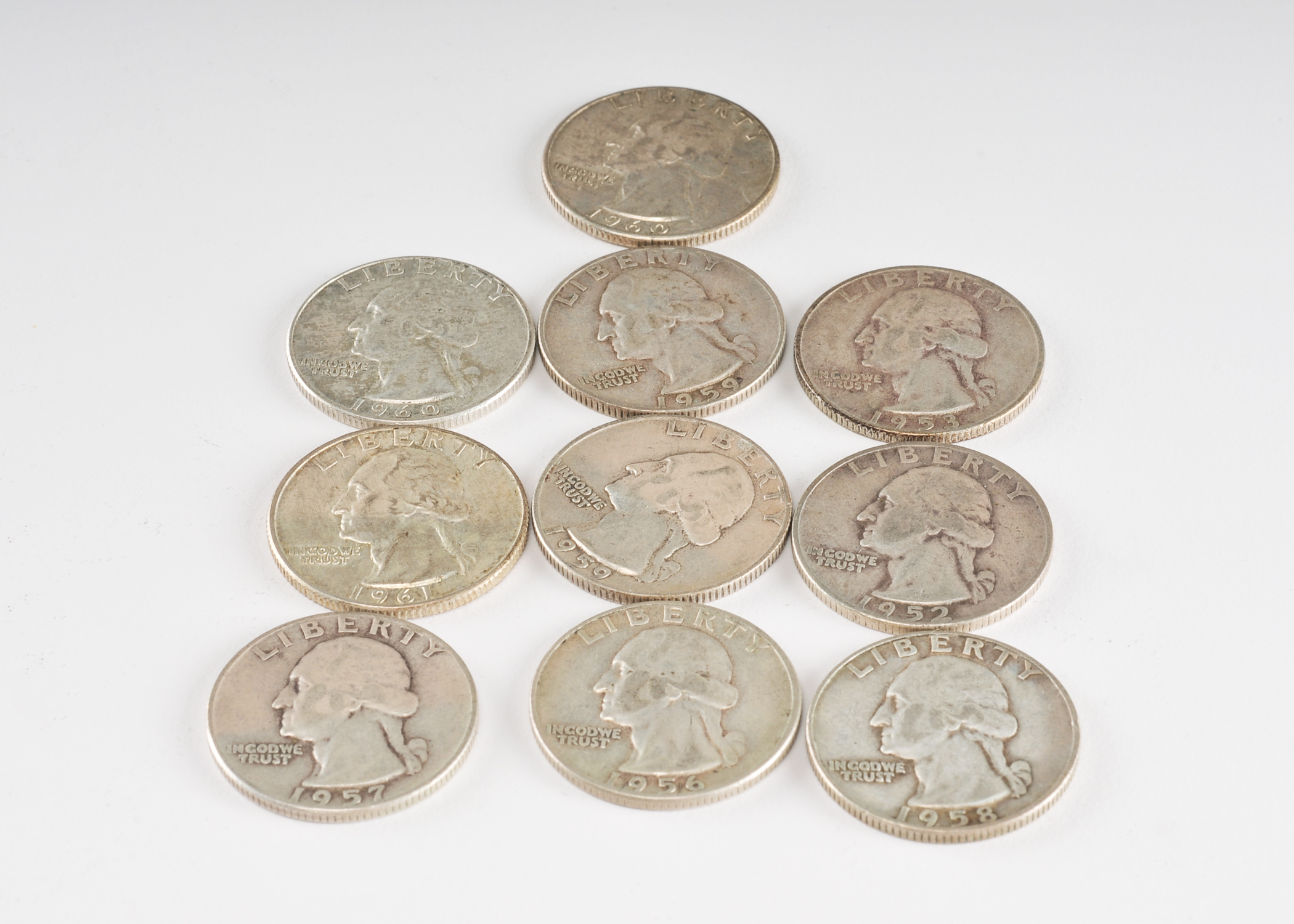 Group of (10) George Washington silver quarters including the following: 1952 D, 1953 D, 1956, 1957 D, 1958 D, 1959, 1959 D, 1960, 1960 D, and 1961 D