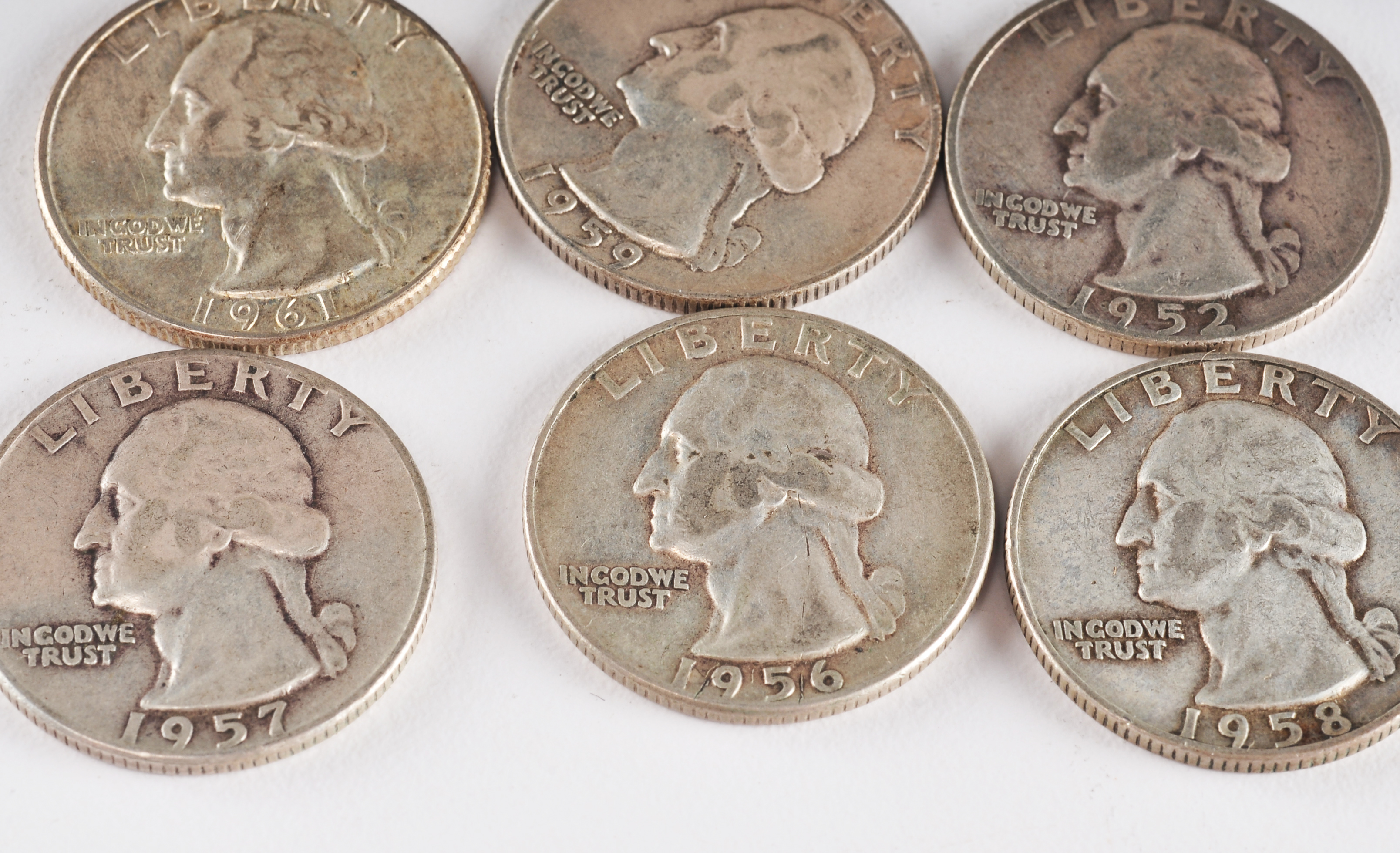 Group of (10) George Washington silver quarters including the following: 1952 D, 1953 D, 1956, 1957 D, 1958 D, 1959, 1959 D, 1960, 1960 D, and 1961 D