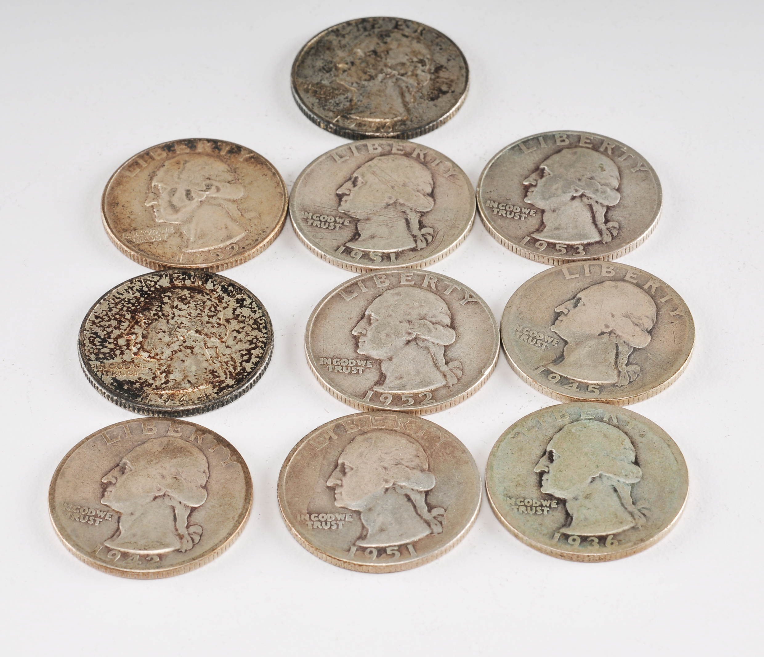 Group of (10) George Washington silver quarters including the following: 1936, 1942, 1944, 1945, 1946, 1951, 1951 D, 1952, 1952 D, and 1953 D
