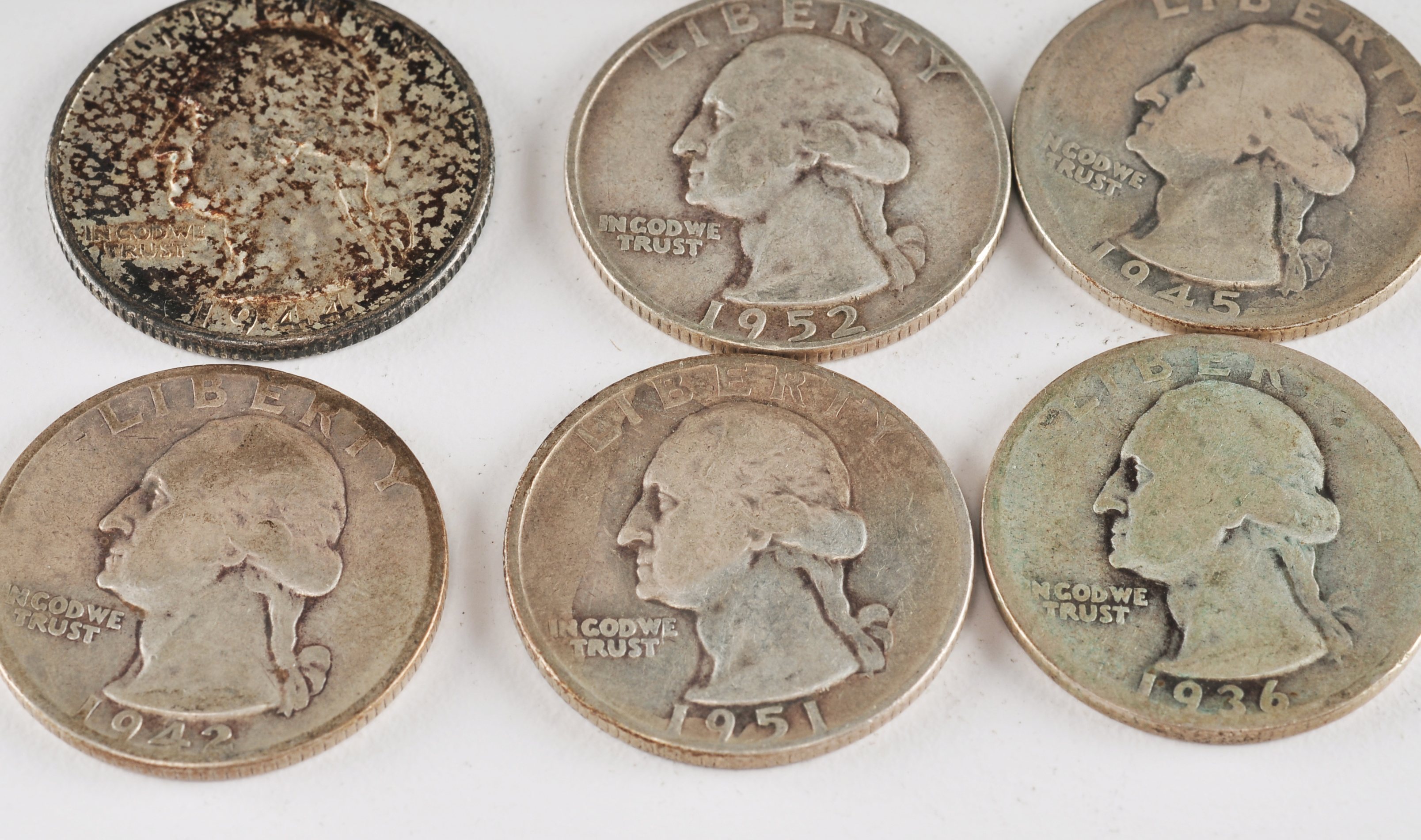 Group of (10) George Washington silver quarters including the following: 1936, 1942, 1944, 1945, 1946, 1951, 1951 D, 1952, 1952 D, and 1953 D
