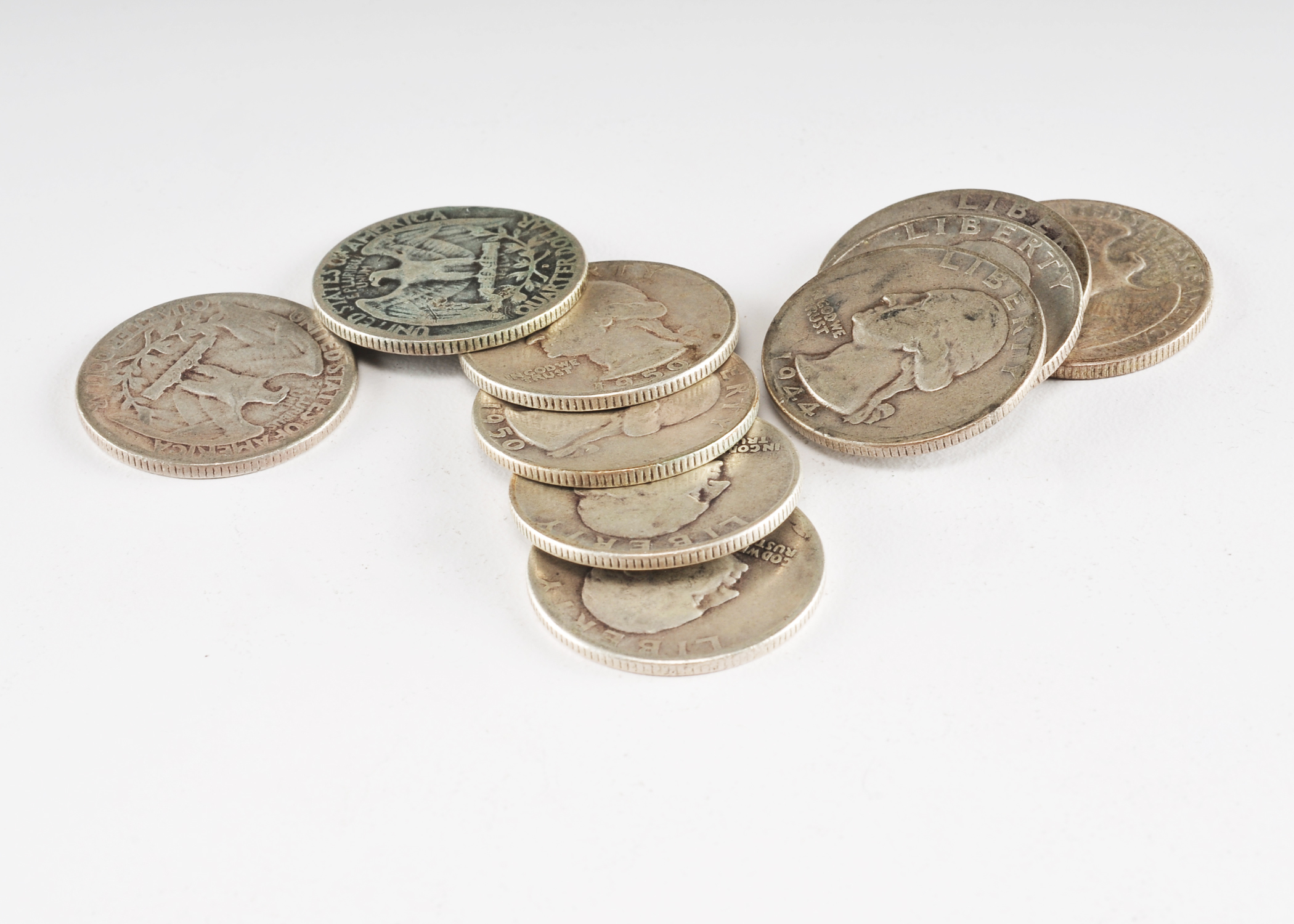 Group of (10) George Washington silver quarters including the following: 1936, 1942, 1943, 1944, 1945, 1946, 1950 D, 1950 S, 1951, and 1951 D