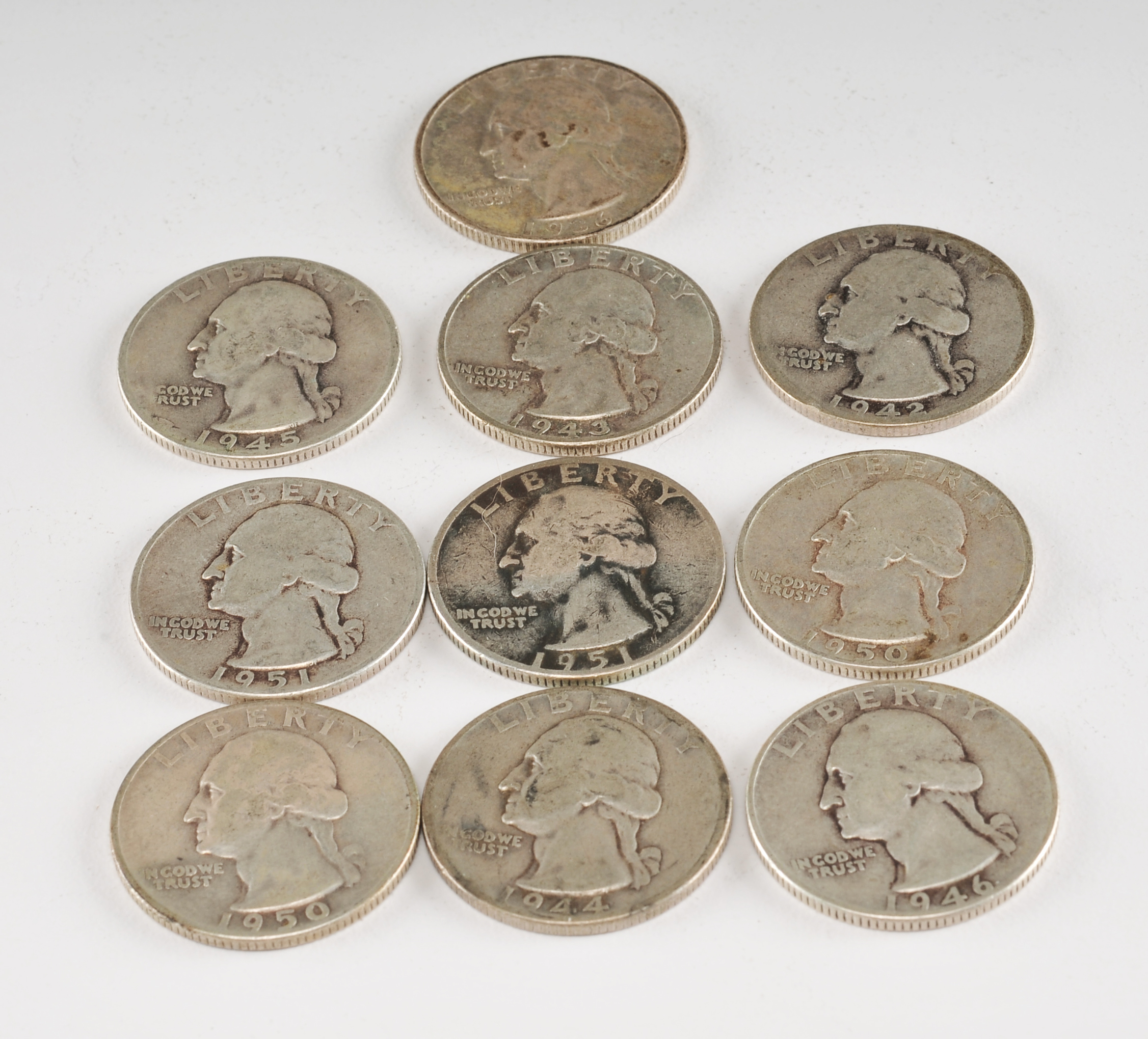 Group of (10) George Washington silver quarters including the following: 1936, 1942, 1943, 1944, 1945, 1946, 1950 D, 1950 S, 1951, and 1951 D