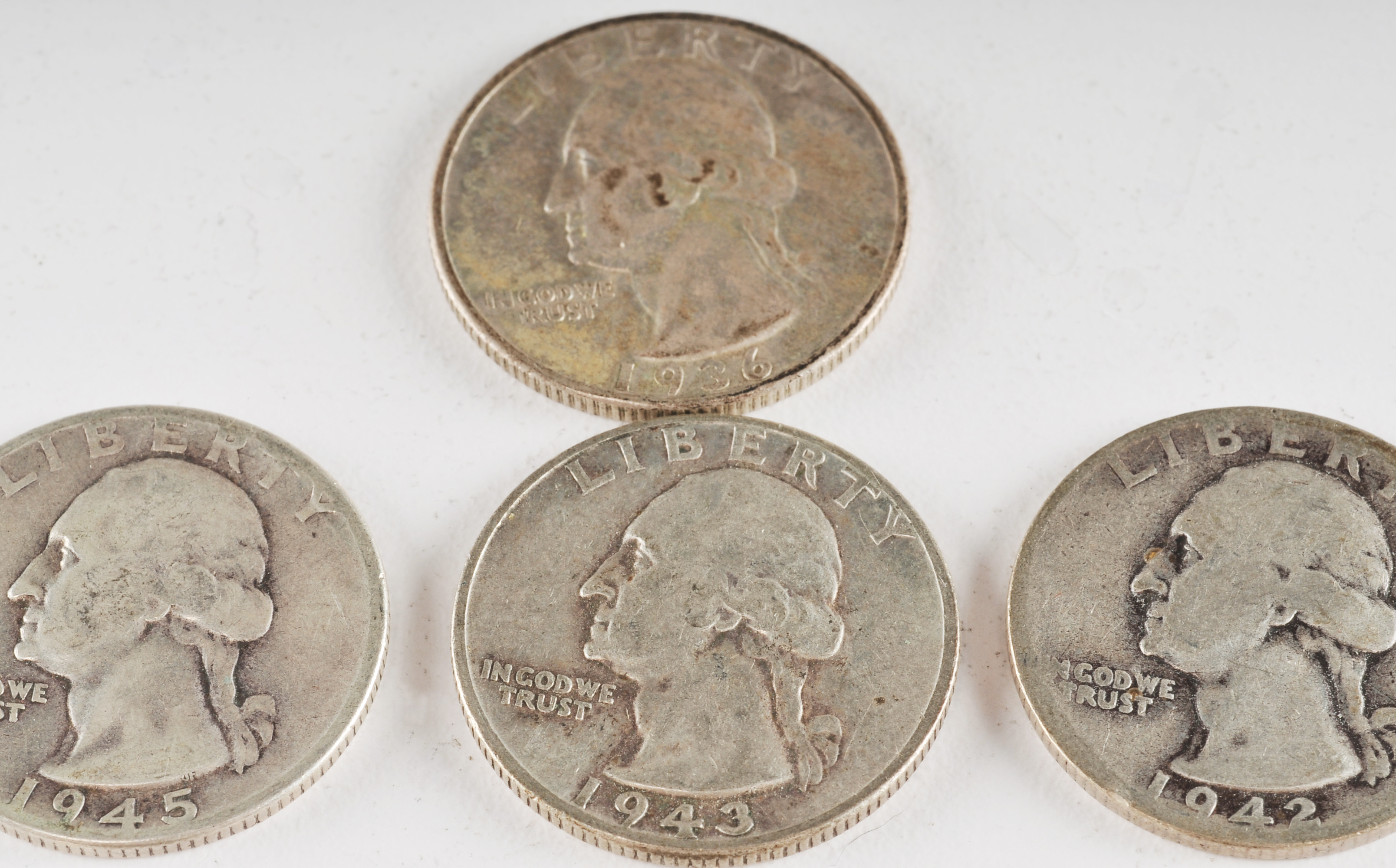 Group of (10) George Washington silver quarters including the following: 1936, 1942, 1943, 1944, 1945, 1946, 1950 D, 1950 S, 1951, and 1951 D