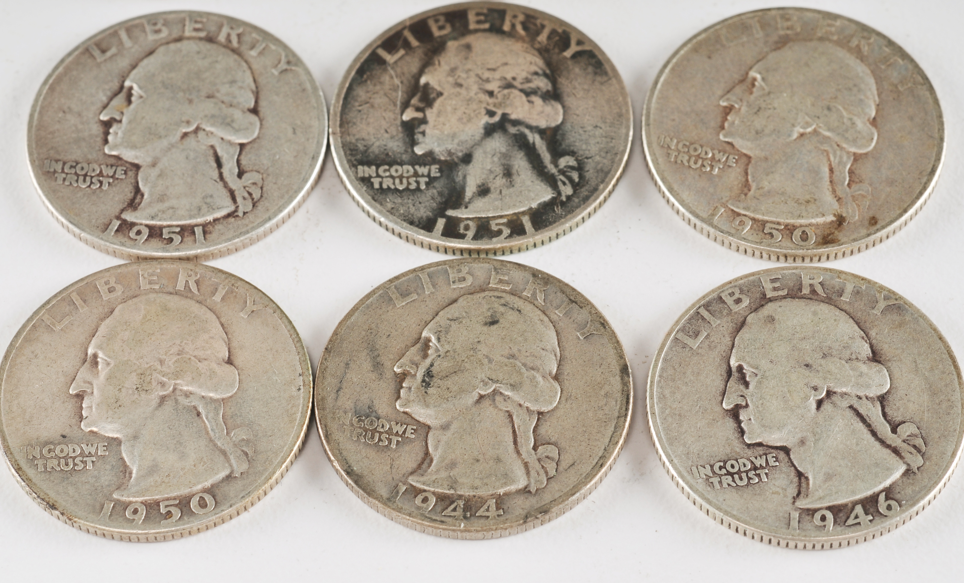 Group of (10) George Washington silver quarters including the following: 1936, 1942, 1943, 1944, 1945, 1946, 1950 D, 1950 S, 1951, and 1951 D