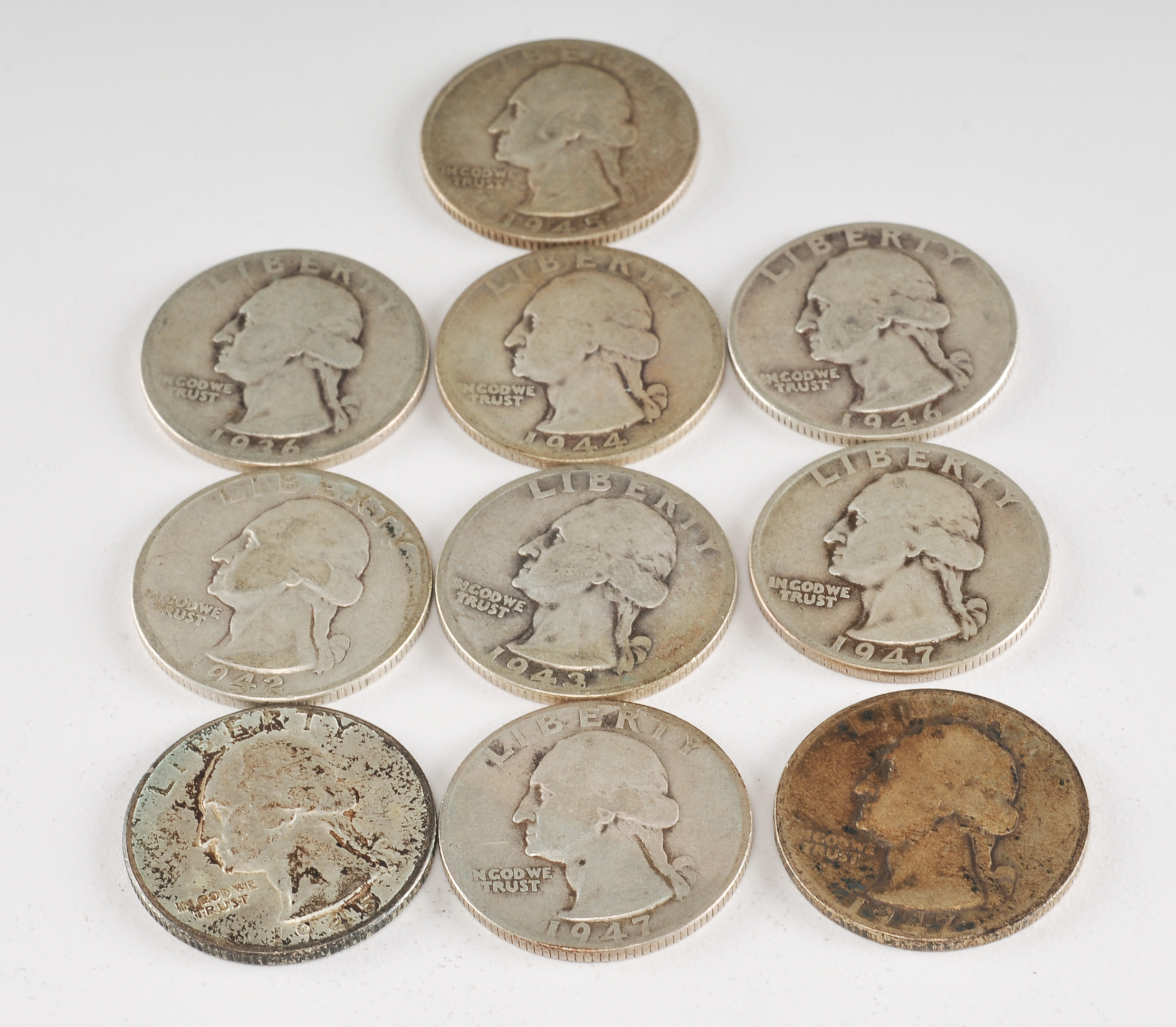 Group of (10) George Washington silver quarters including the following: 1936, 1942, 1943, 1944, 1945, 1945 S, 1946, 1947, 1947 D, and 1947 S