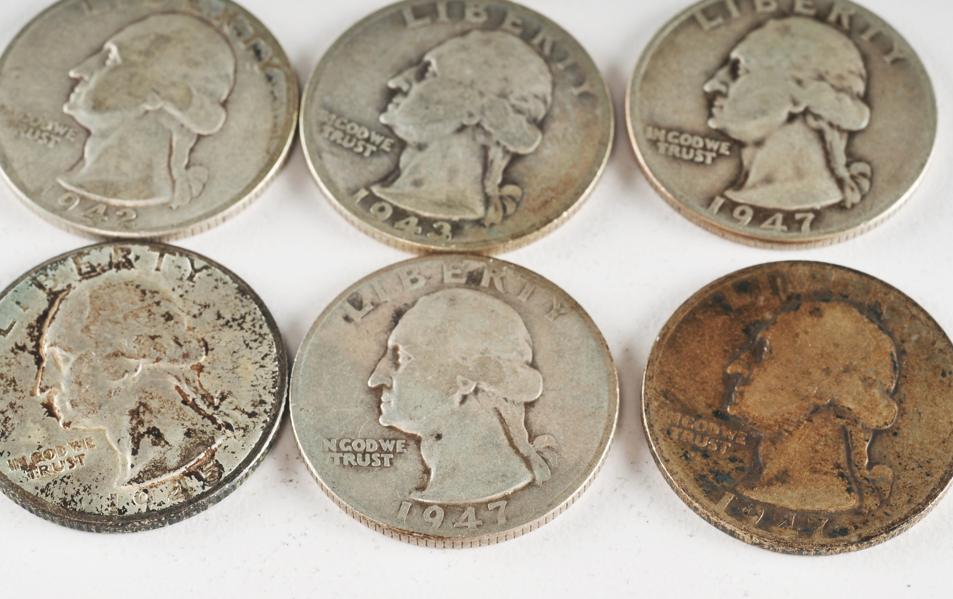 Group of (10) George Washington silver quarters including the following: 1936, 1942, 1943, 1944, 1945, 1945 S, 1946, 1947, 1947 D, and 1947 S