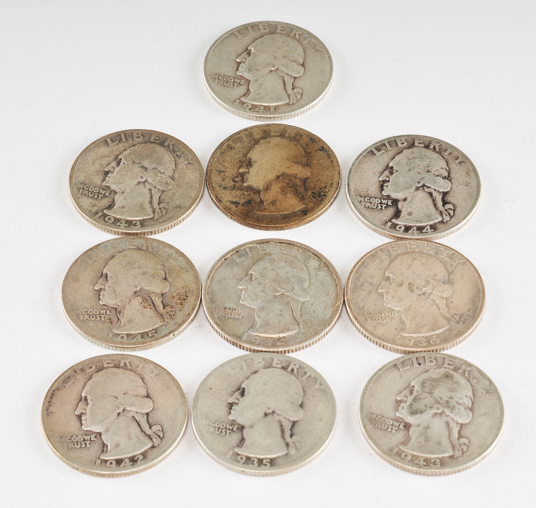 Group of (10) George Washington silver quarters including the following: 1934, 1935, 1936, 1941, 1942, 1943, 1943 D, 1944, 1944 S, and 1945