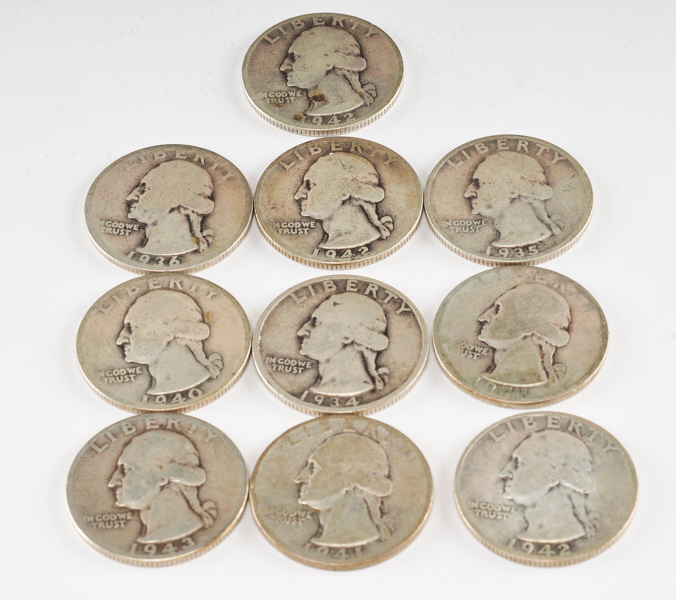 Group of (10) George Washington silver quarters including the following: 1934, 1935, 1936, 1940, 1941, 1941 S, 1942, 1942 D, 1942 S, and 1943