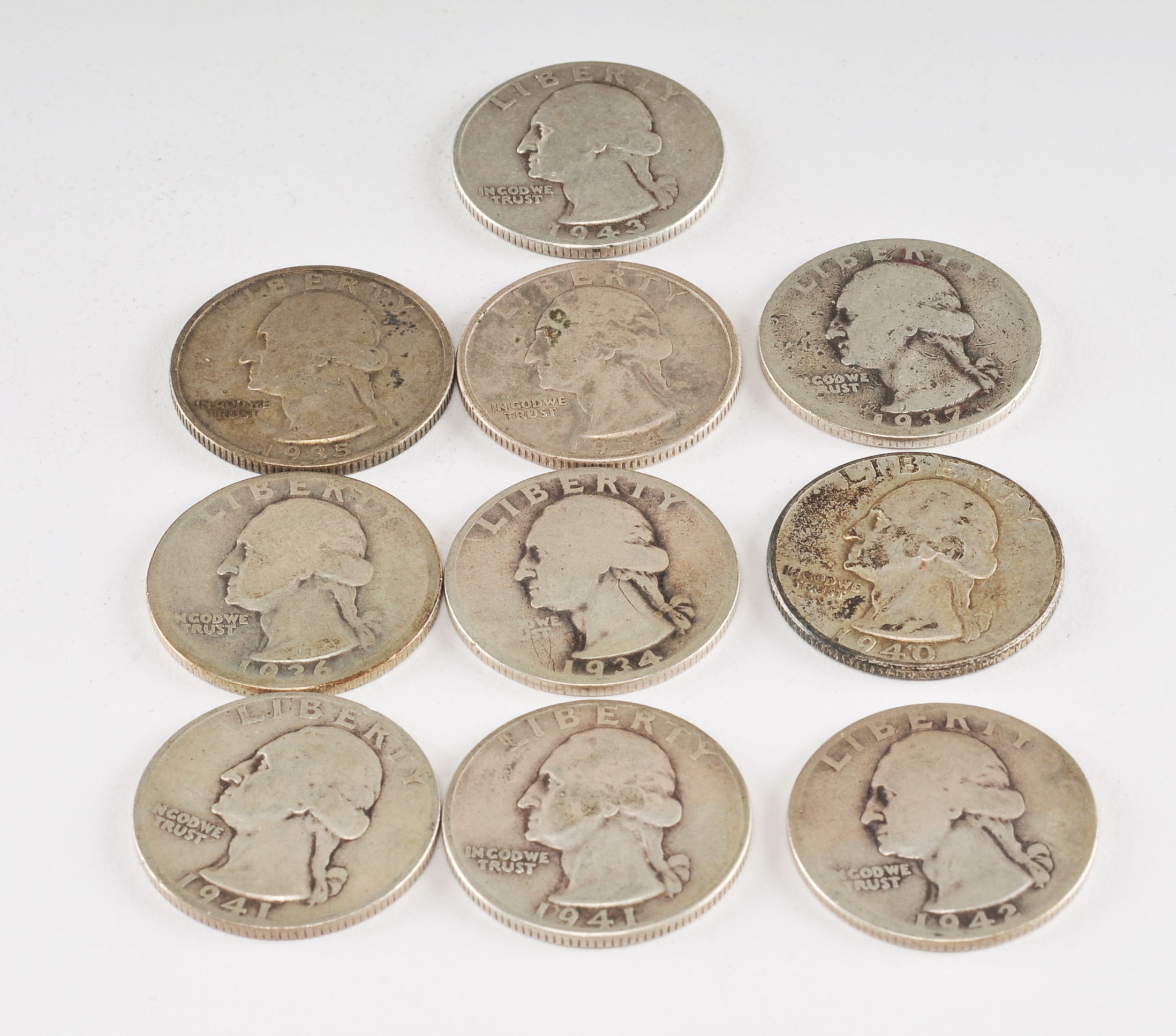 Group of (10) George Washington silver quarters including the following: 1934, 1934 D, 1935, 1936, 1937 D, 1940, 1941, 1942, and 1943