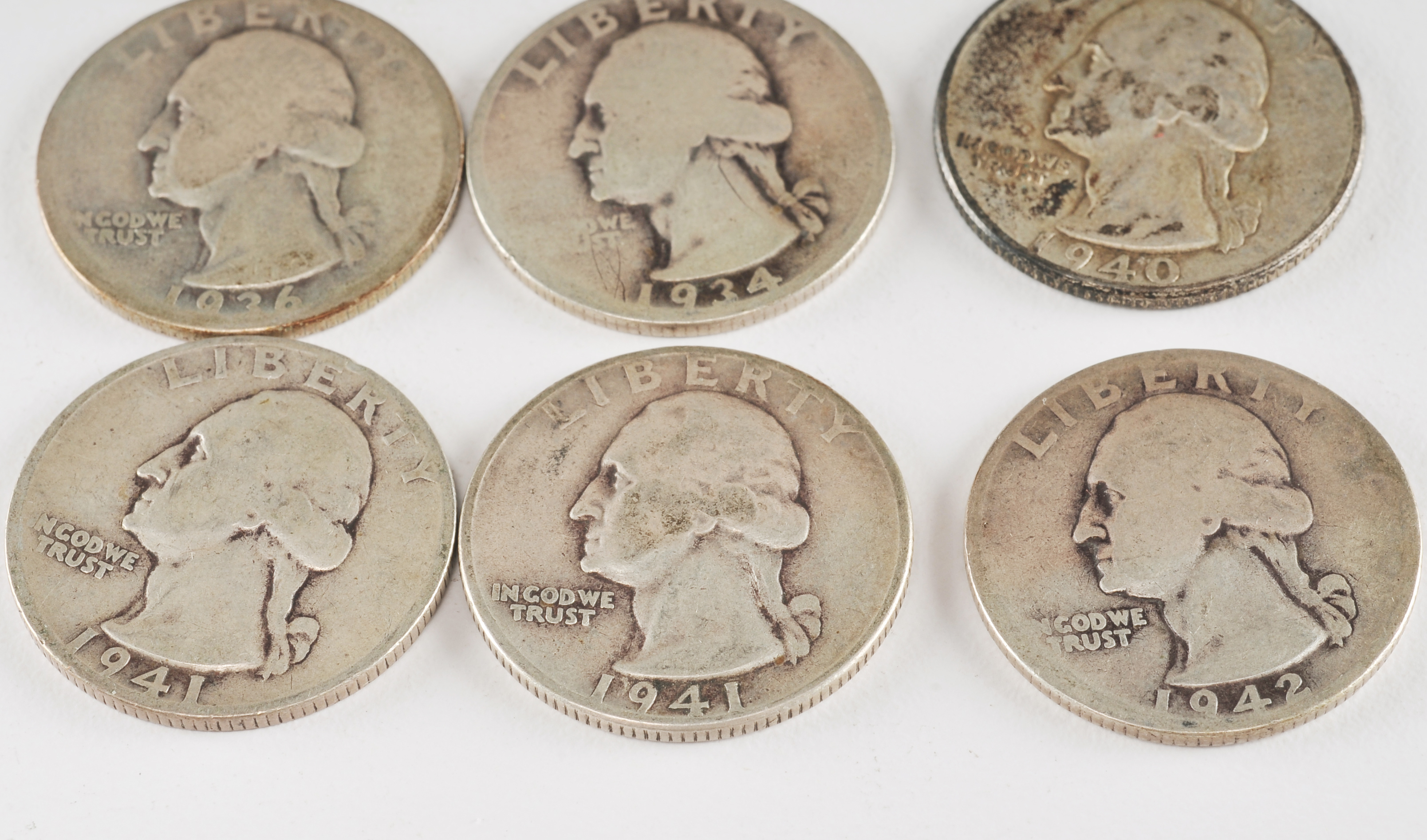 Group of (10) George Washington silver quarters including the following: 1934, 1934 D, 1935, 1936, 1937 D, 1940, 1941, 1942, and 1943