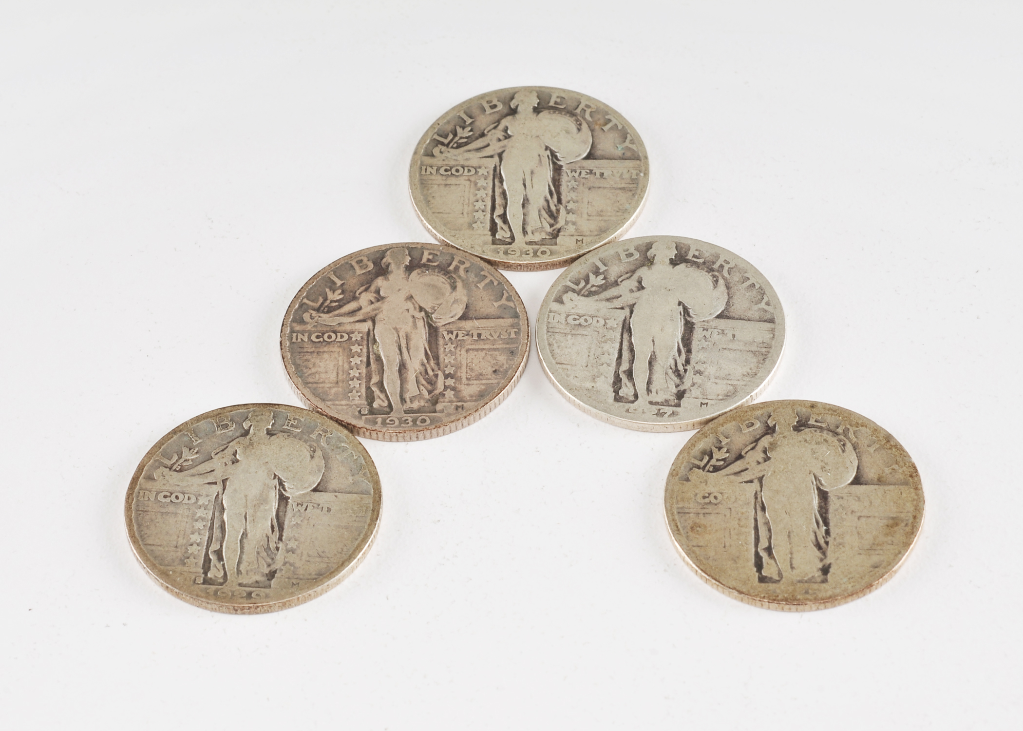 Group of (5) silver Standing Liberty quarters including the following: 1925, 1927, 1929 S, 1930, and 1930 S
