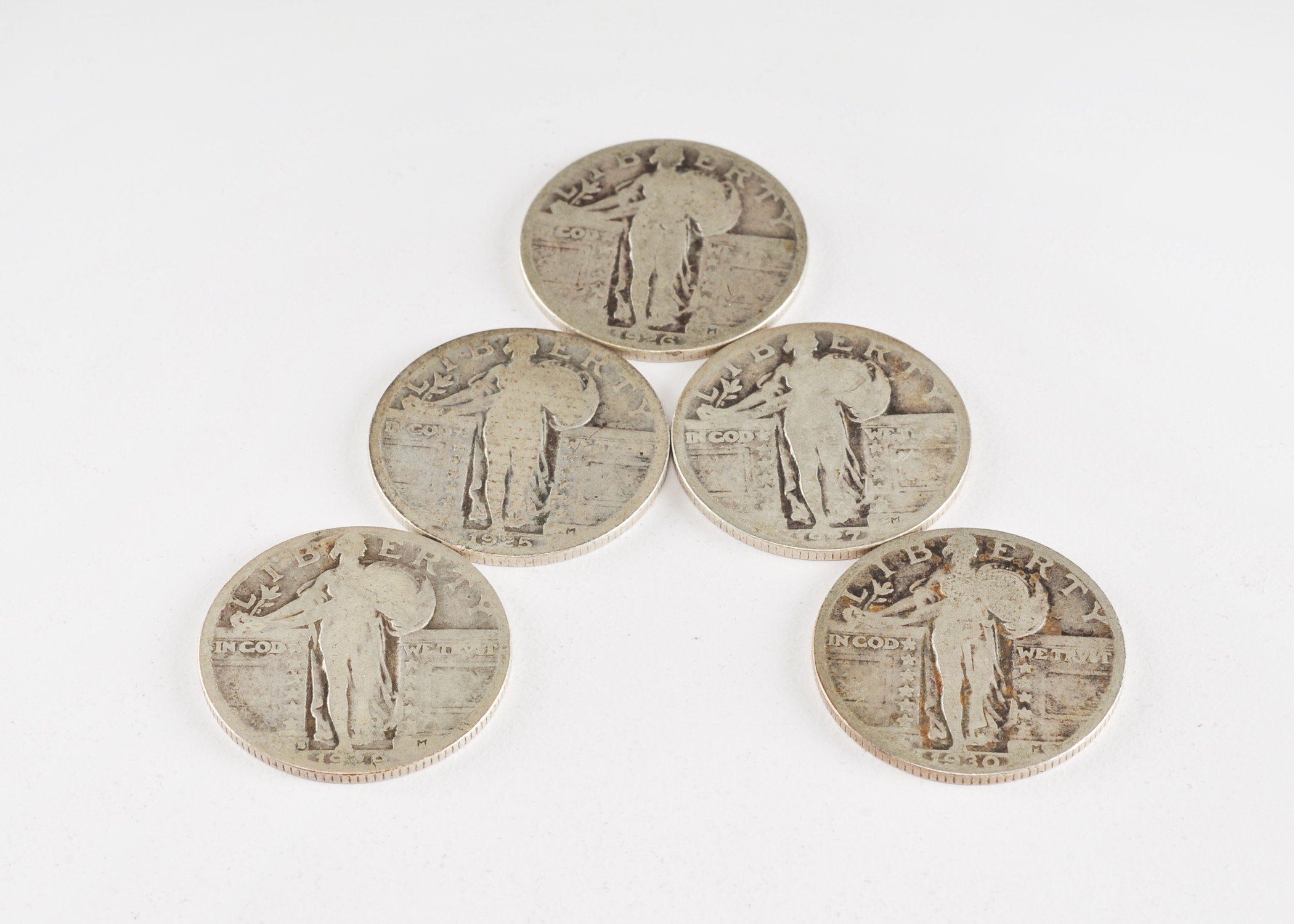 Group of (5) silver Standing Liberty quarters including the following: 1925, 1926, 1927, 1929 S, and 1930