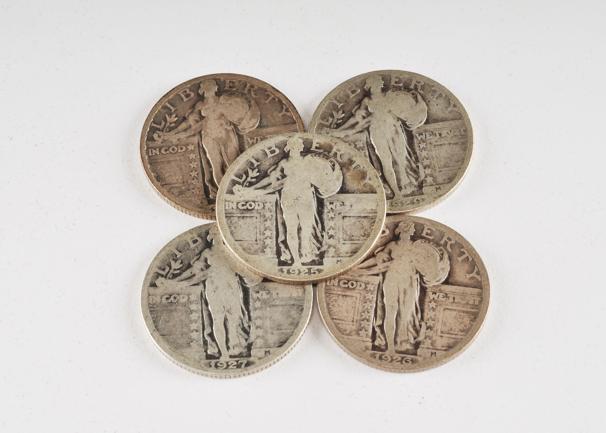 Group of (5) silver Standing Liberty quarters including the following: 1925, 1926, 1927, 1928, and 1929