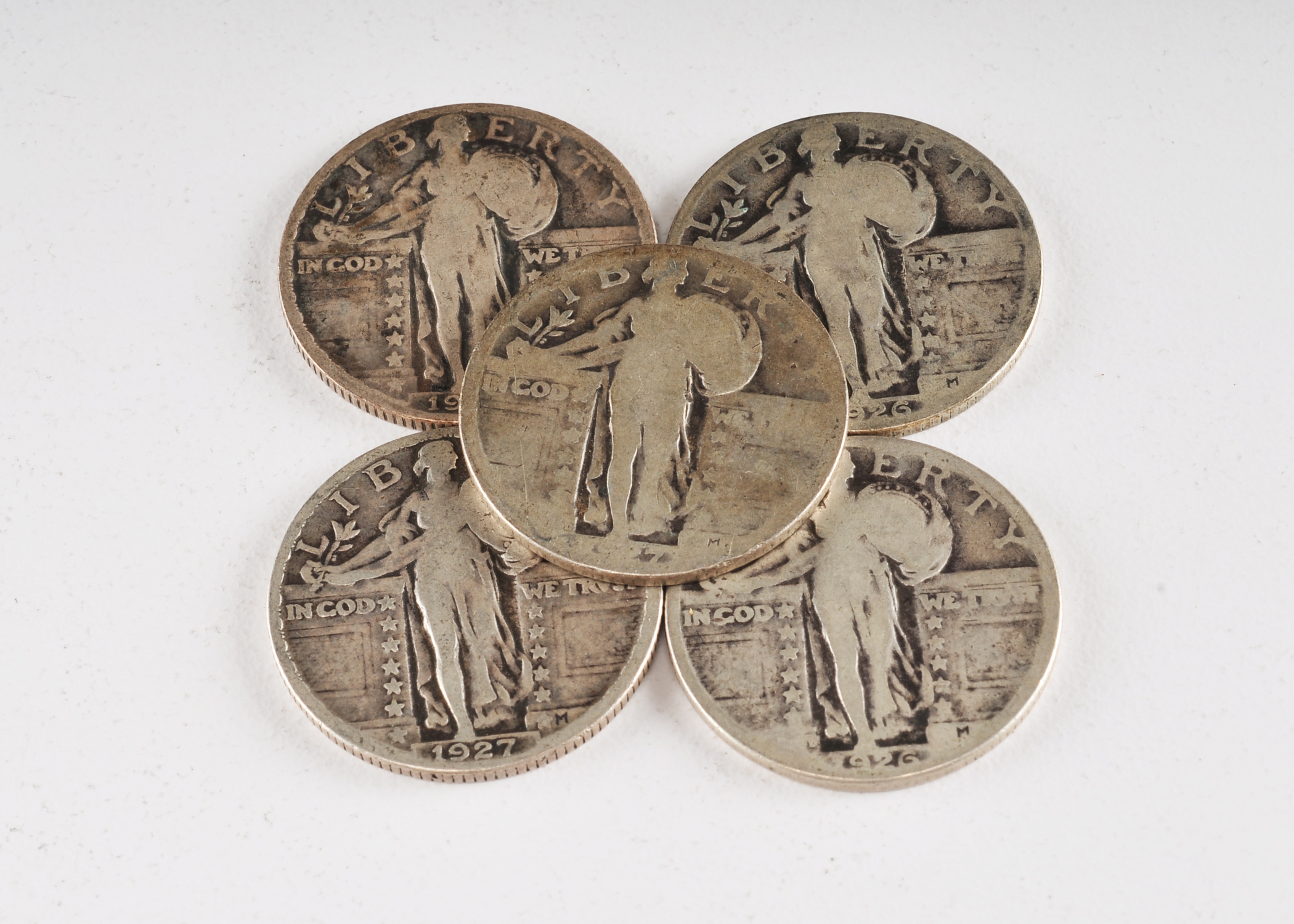 Group of (5) silver Standing Liberty quarters including the following: 1925, 1926, 1926 D, 1927, and 1927 D