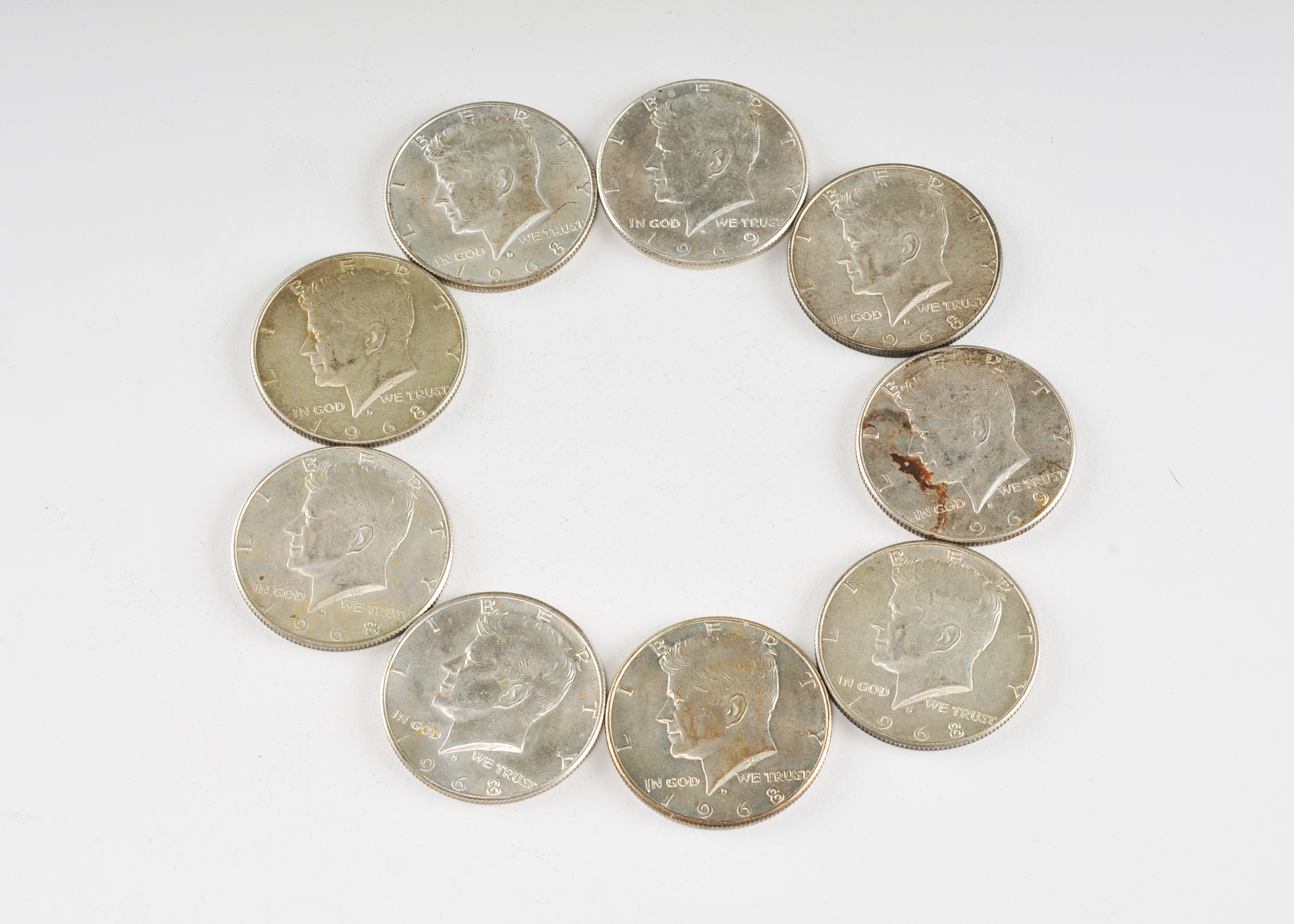 Group of (10) JFK silver clad half dollars including the following: (7) 1968 D, and (2) 1969 D