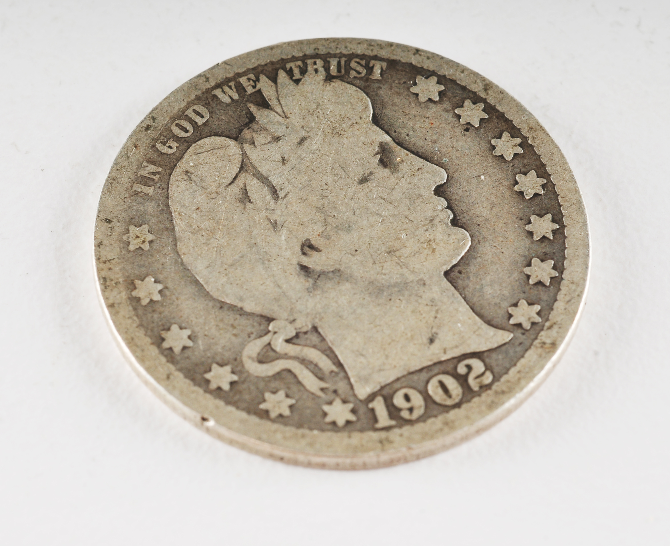 Group of (5) silver Barber quarters including the following: 1902, 1907, 1908 D, 1909, and 1909 D