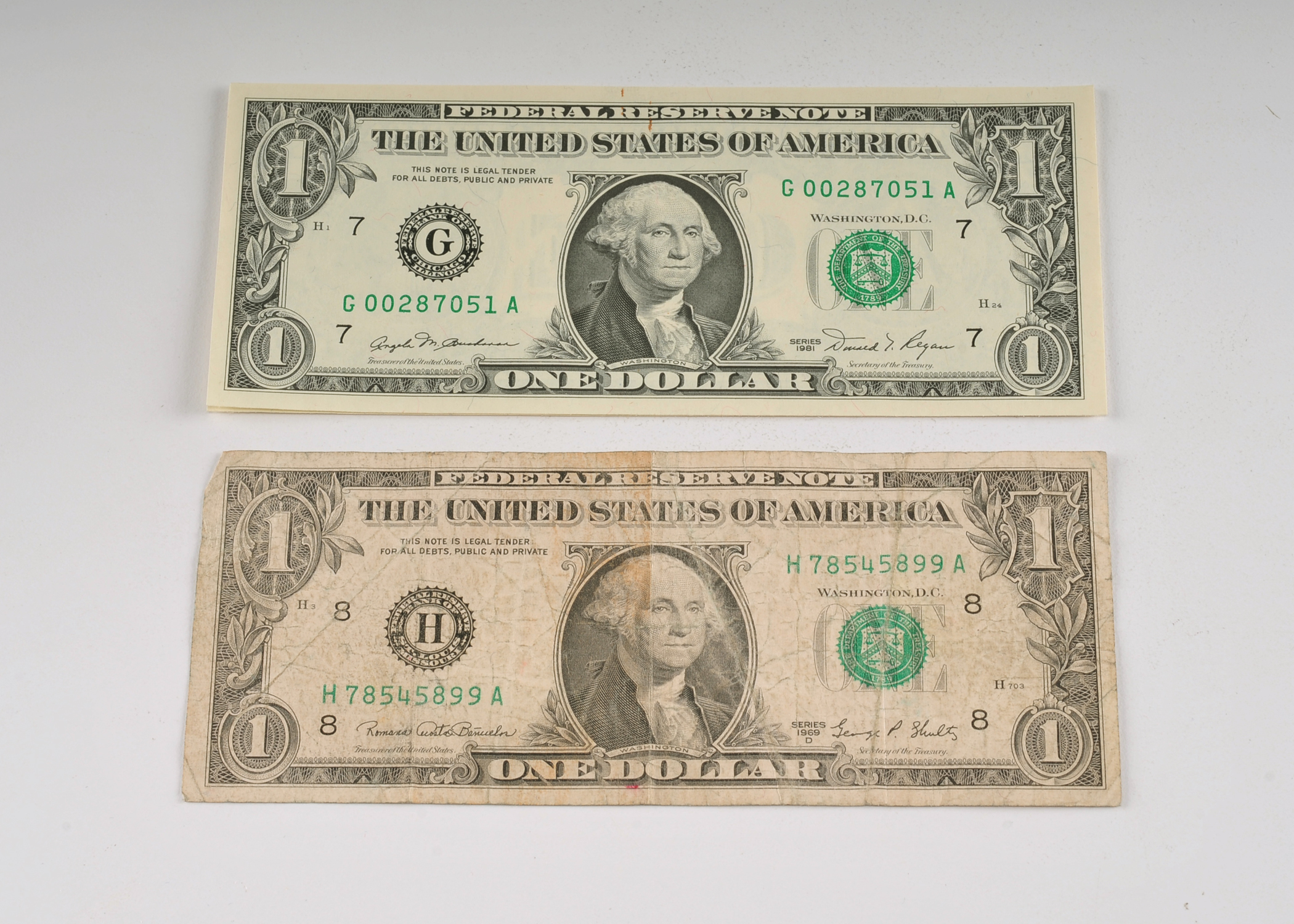 Group of (3) Green seal one dollar federal reserve notes including the following: 1969 D, and (2) 1981