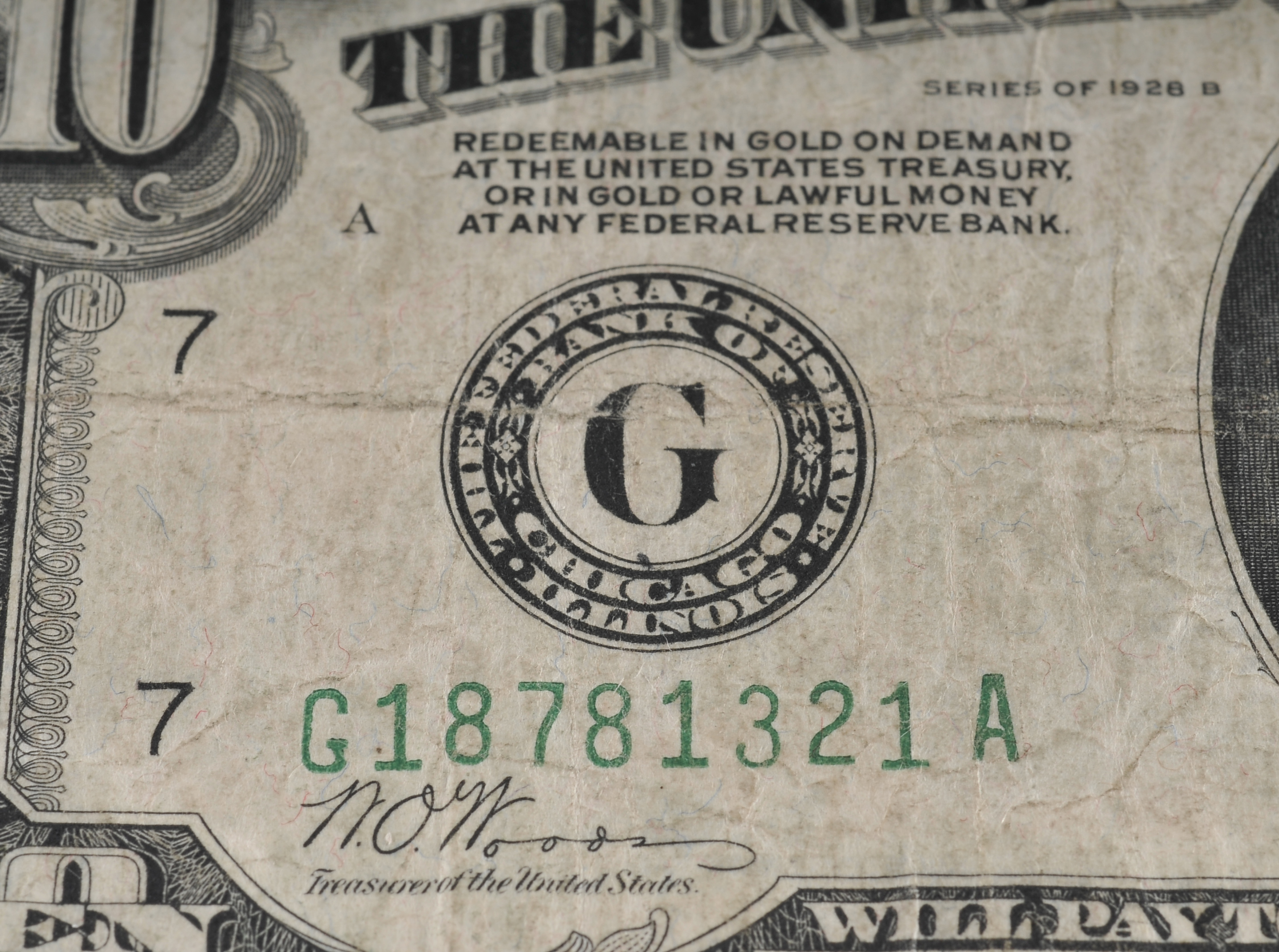 1928 B Ten Dollar Federal Reserve Note with Green seal