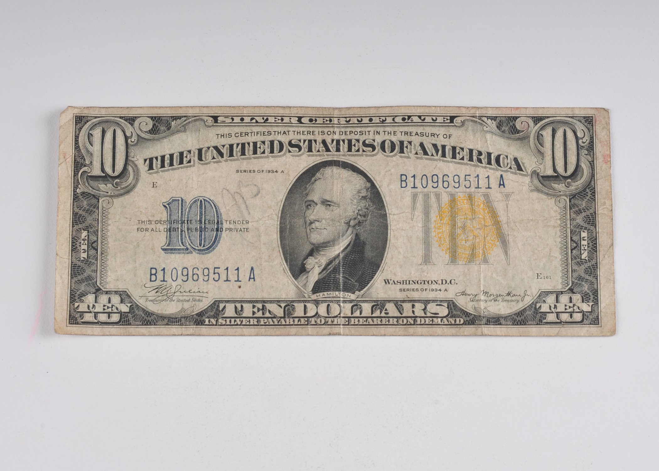 1934 A Ten Dollar silver certificate with yellow seal