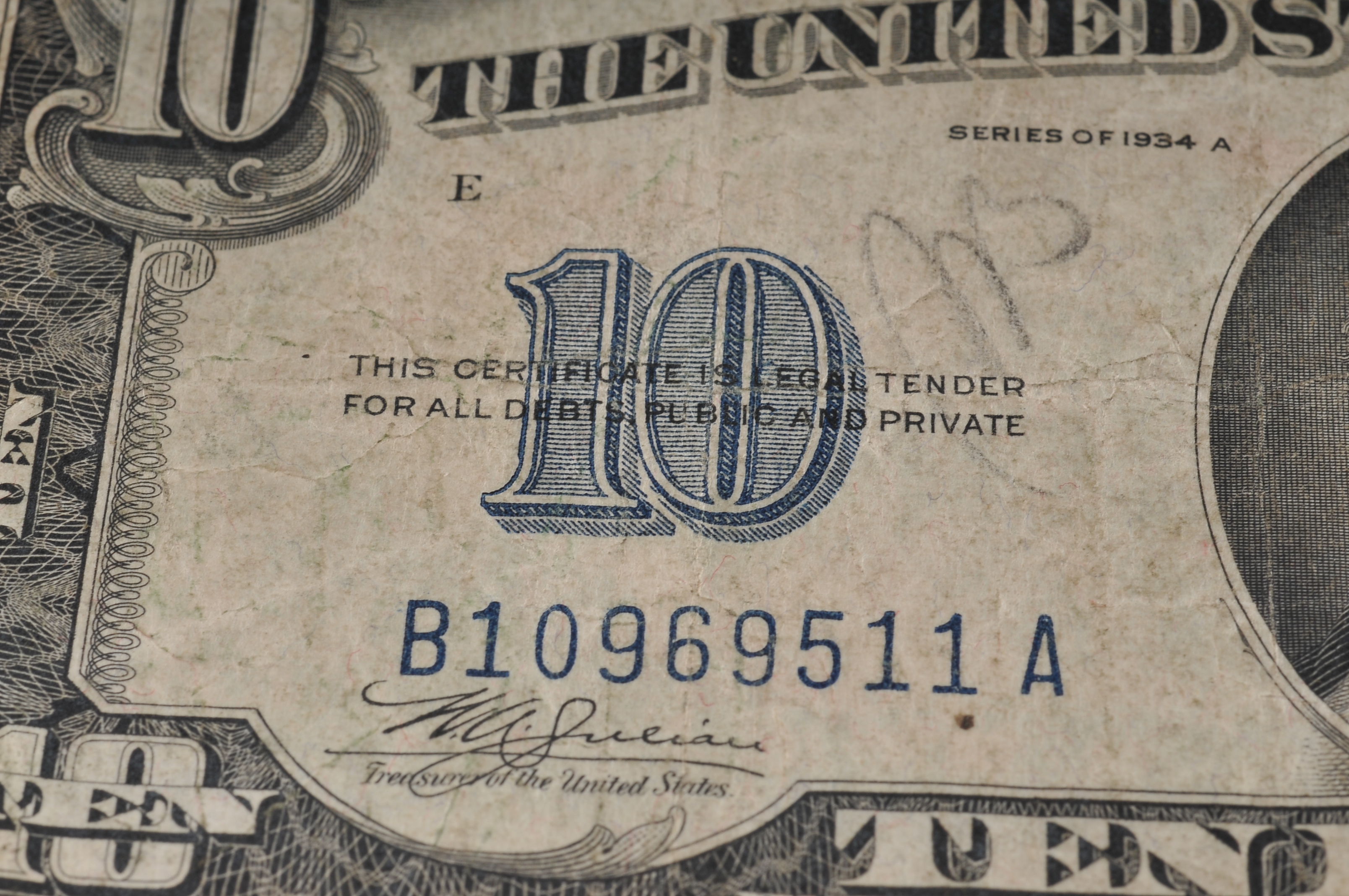 1934 A Ten Dollar silver certificate with yellow seal