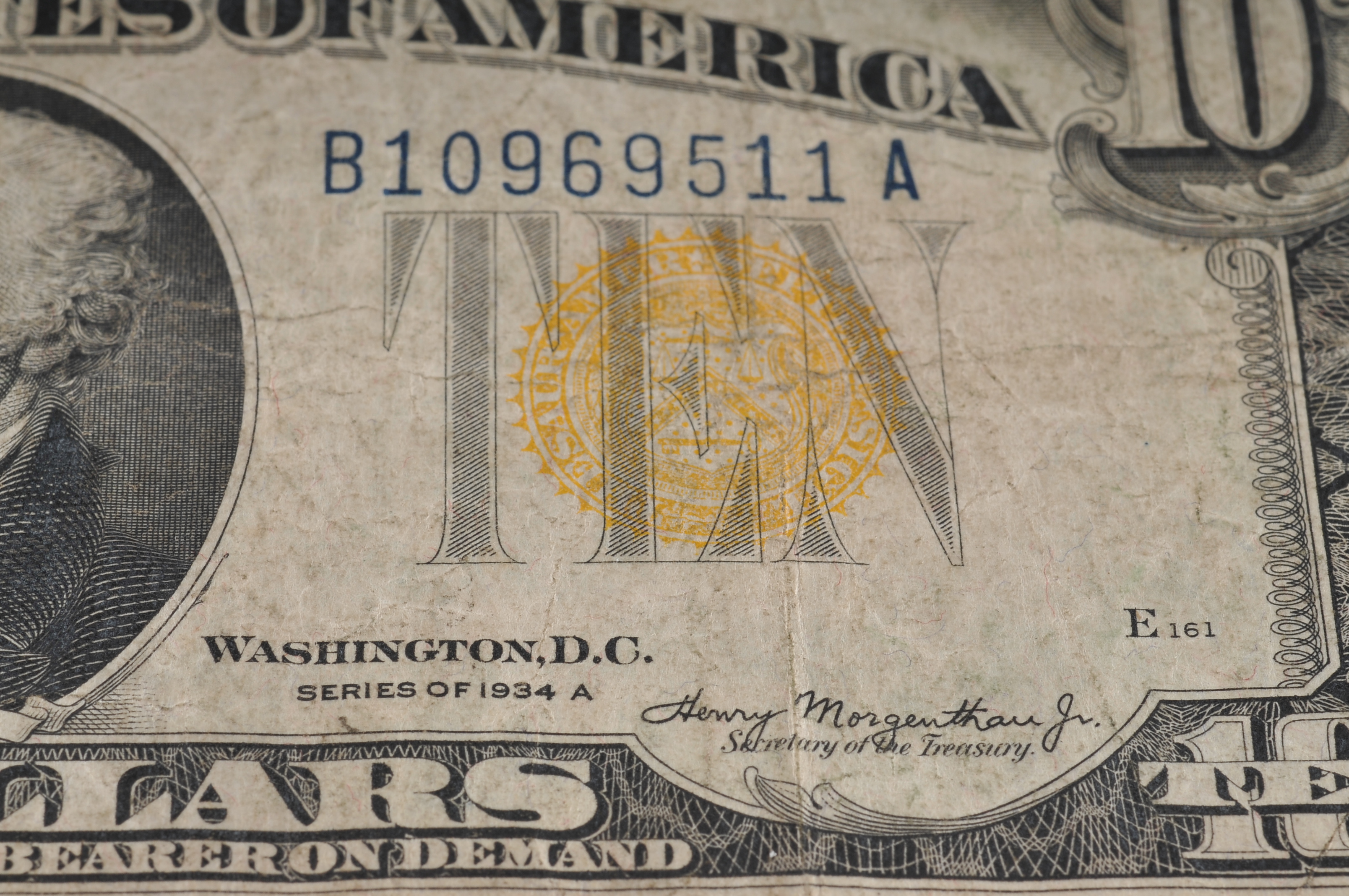 1934 A Ten Dollar silver certificate with yellow seal