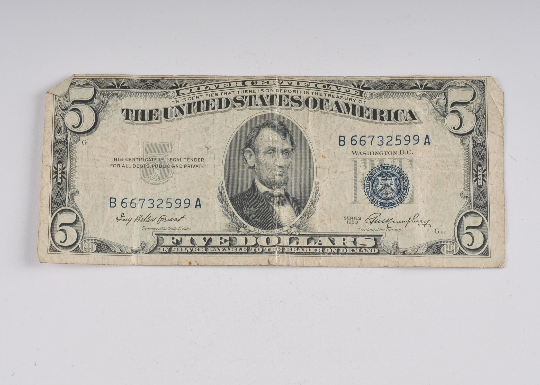 1953 Five Dollar silver certificate with blue seal