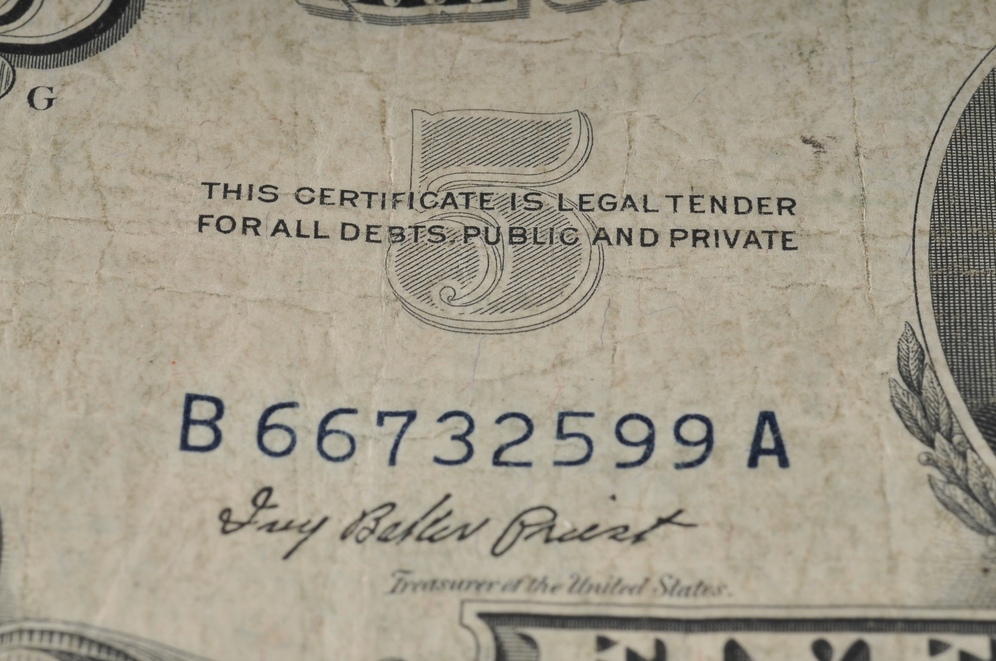 1953 Five Dollar silver certificate with blue seal