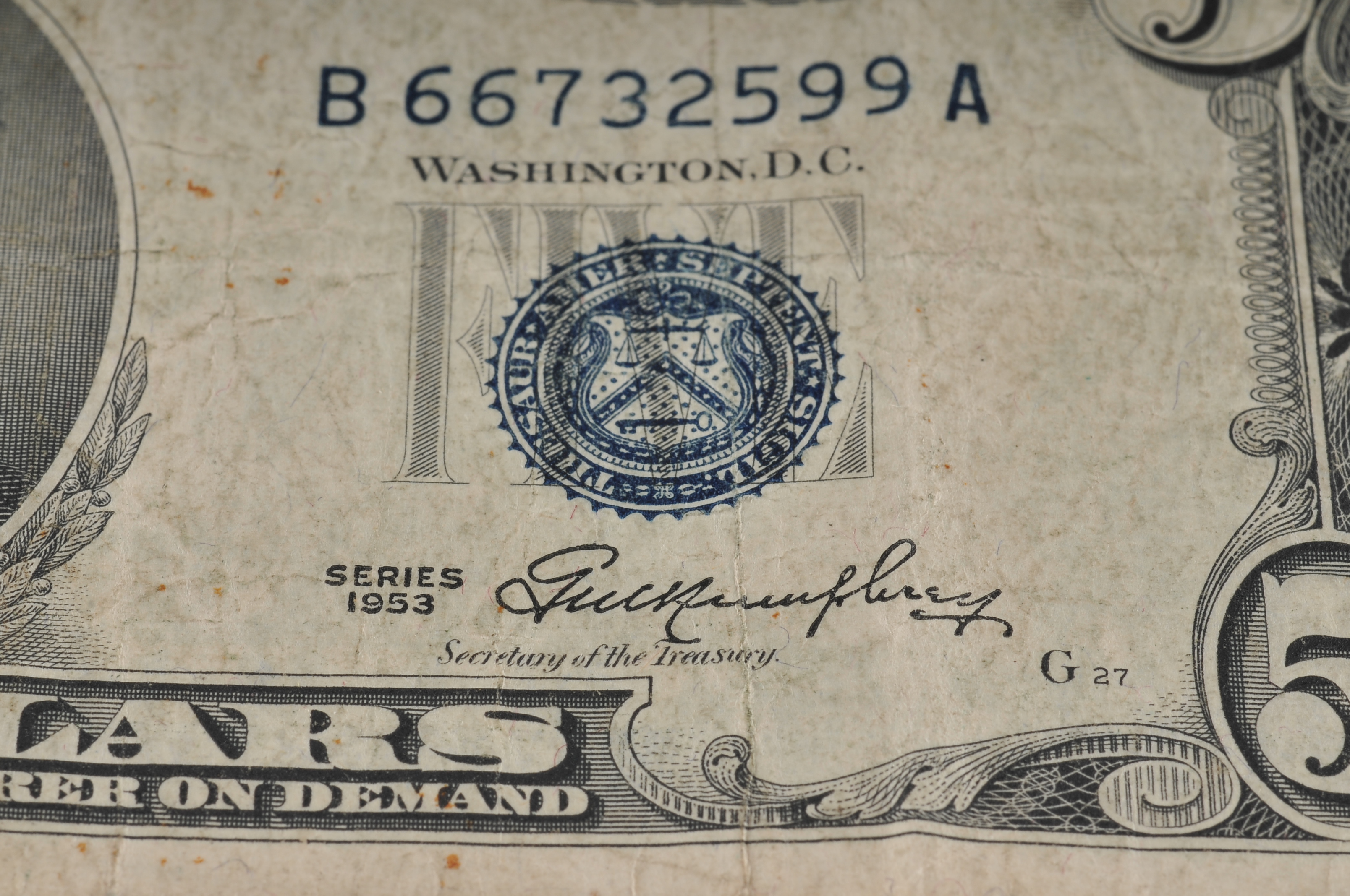 1953 Five Dollar silver certificate with blue seal