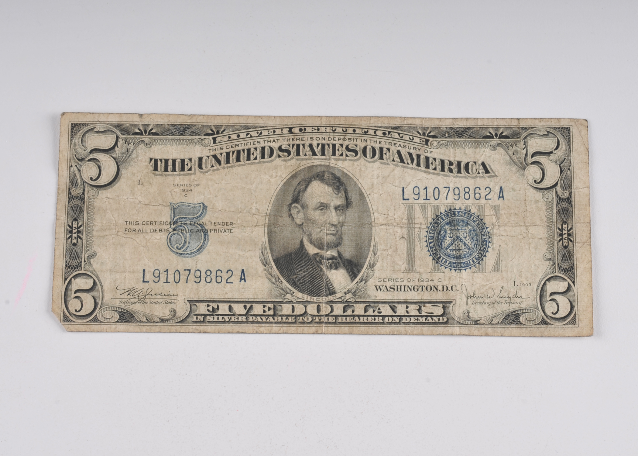 1934 C Five Dollar silver certificate with blue seal