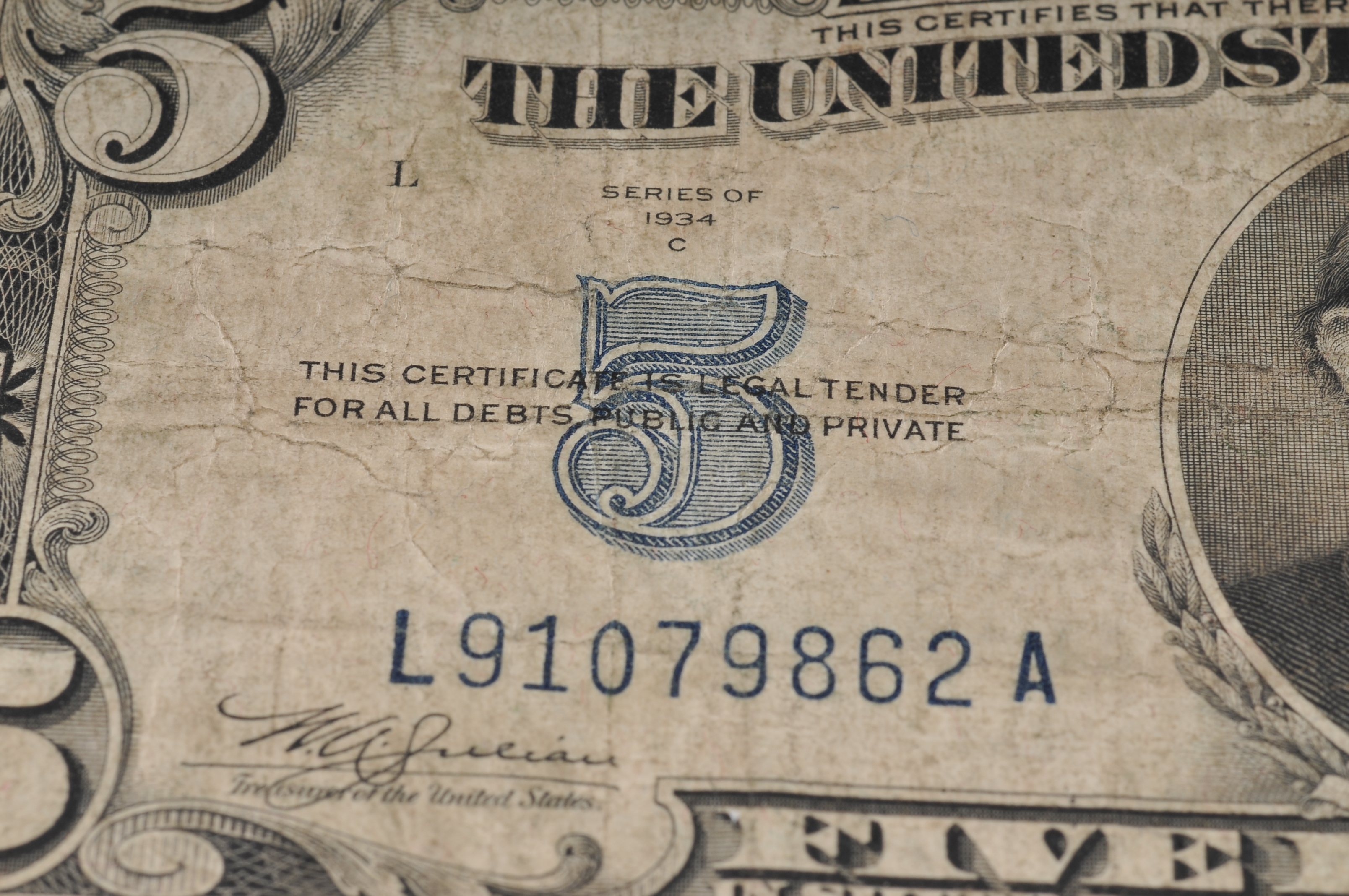 1934 C Five Dollar silver certificate with blue seal