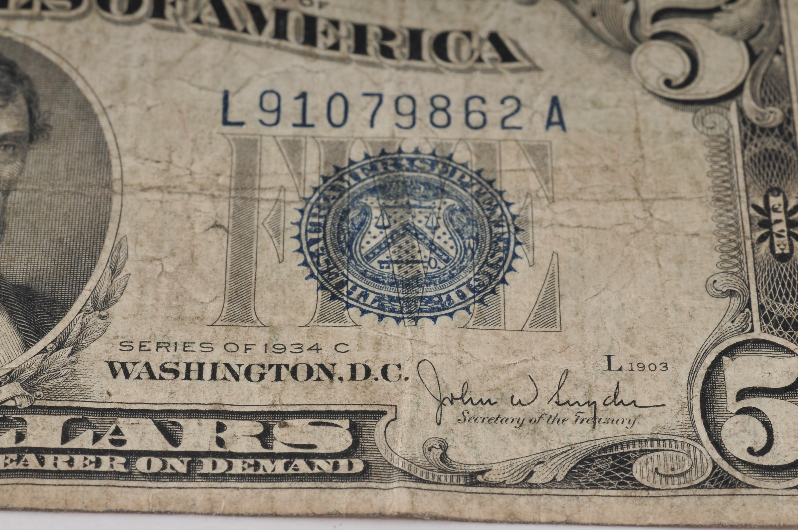 1934 C Five Dollar silver certificate with blue seal