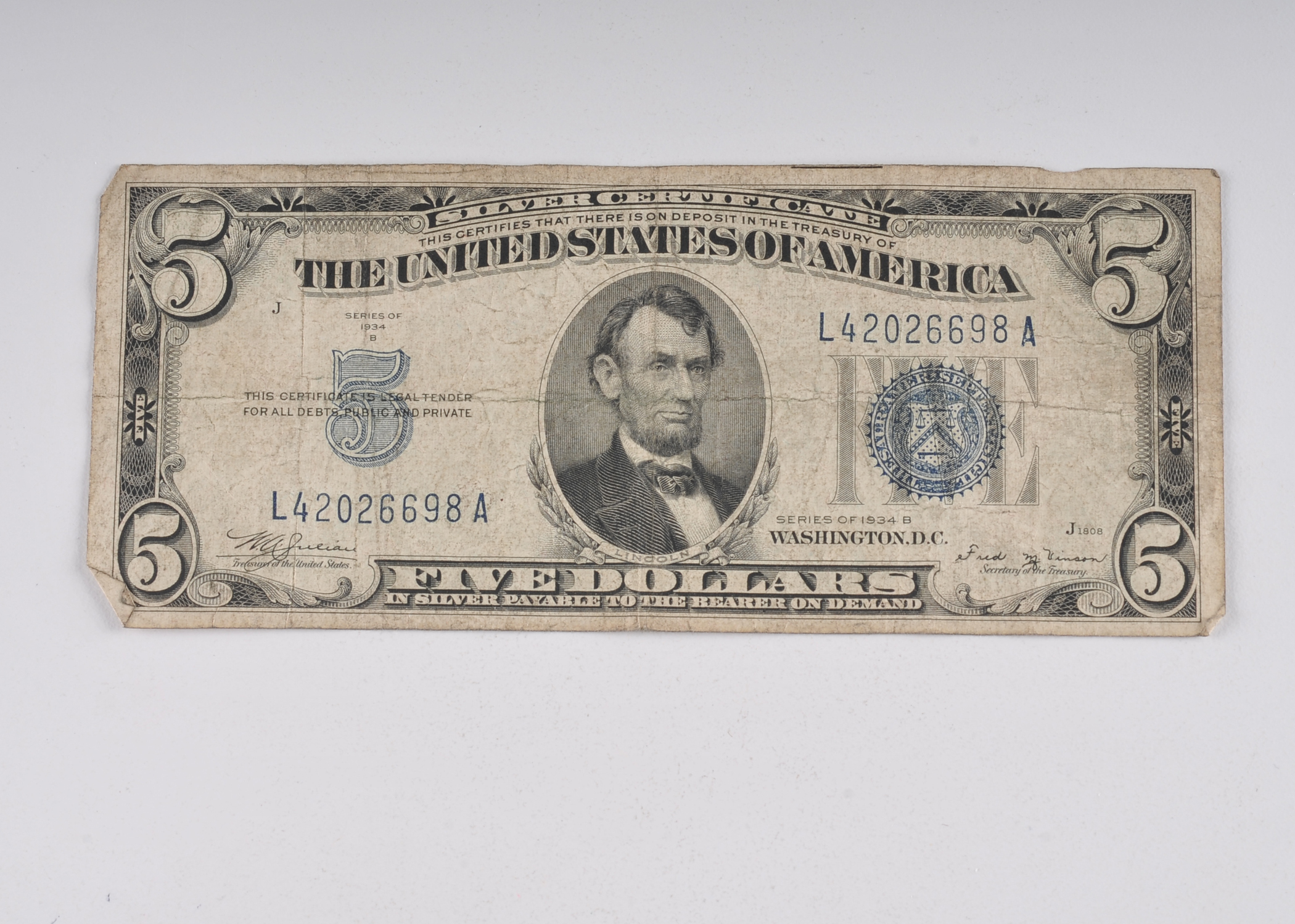 1934 B Five Dollar silver certificate with blue seal