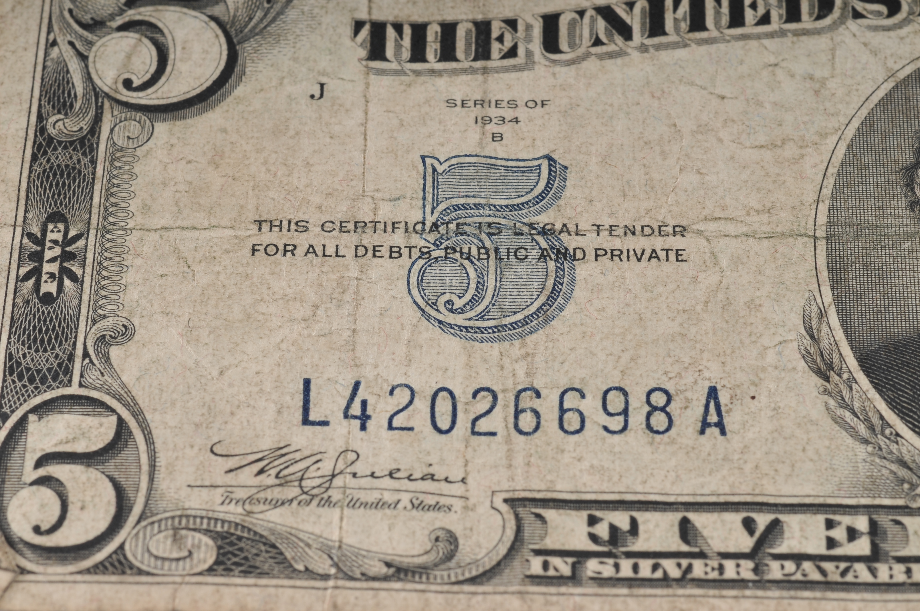 1934 B Five Dollar silver certificate with blue seal