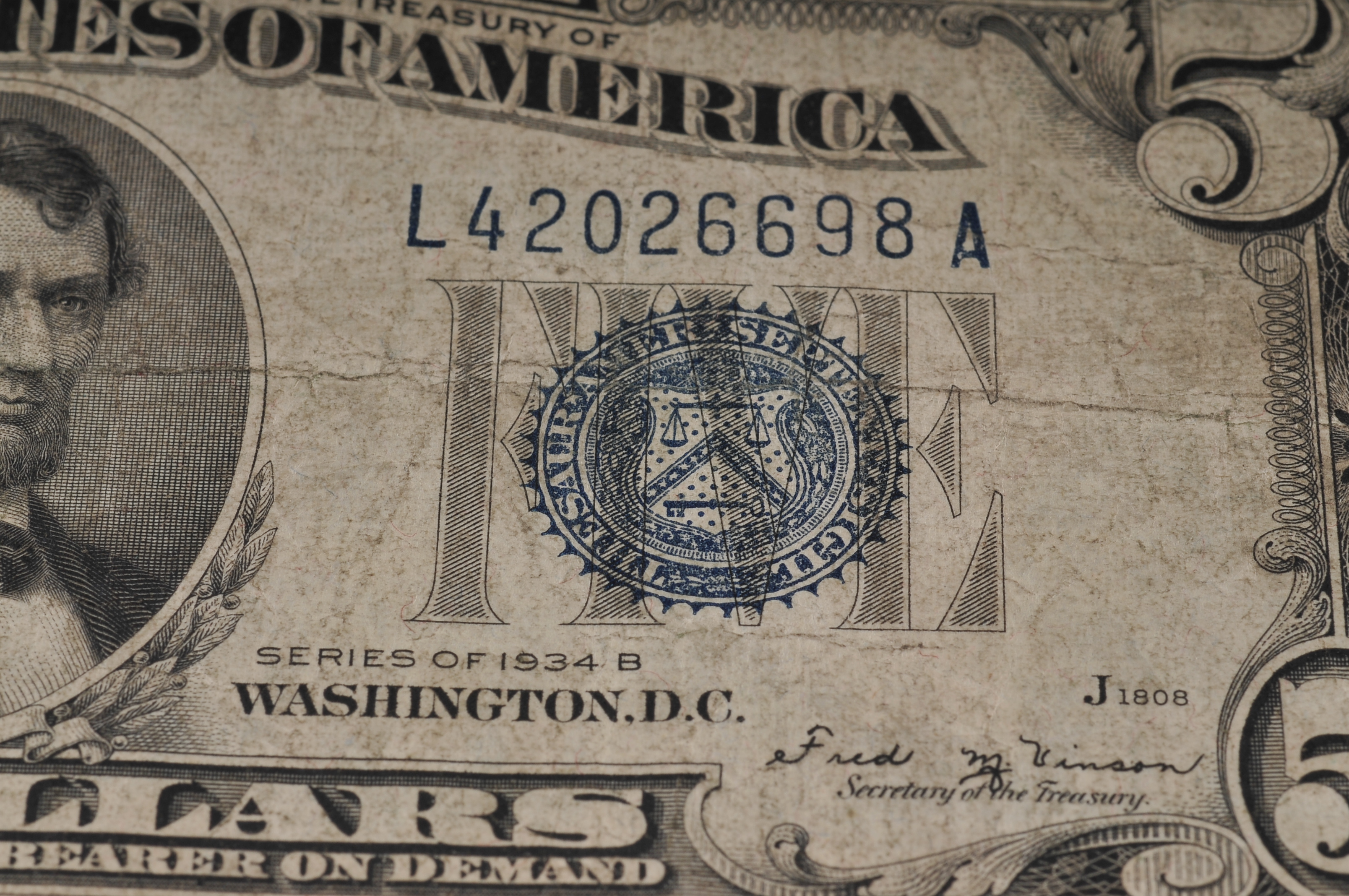 1934 B Five Dollar silver certificate with blue seal