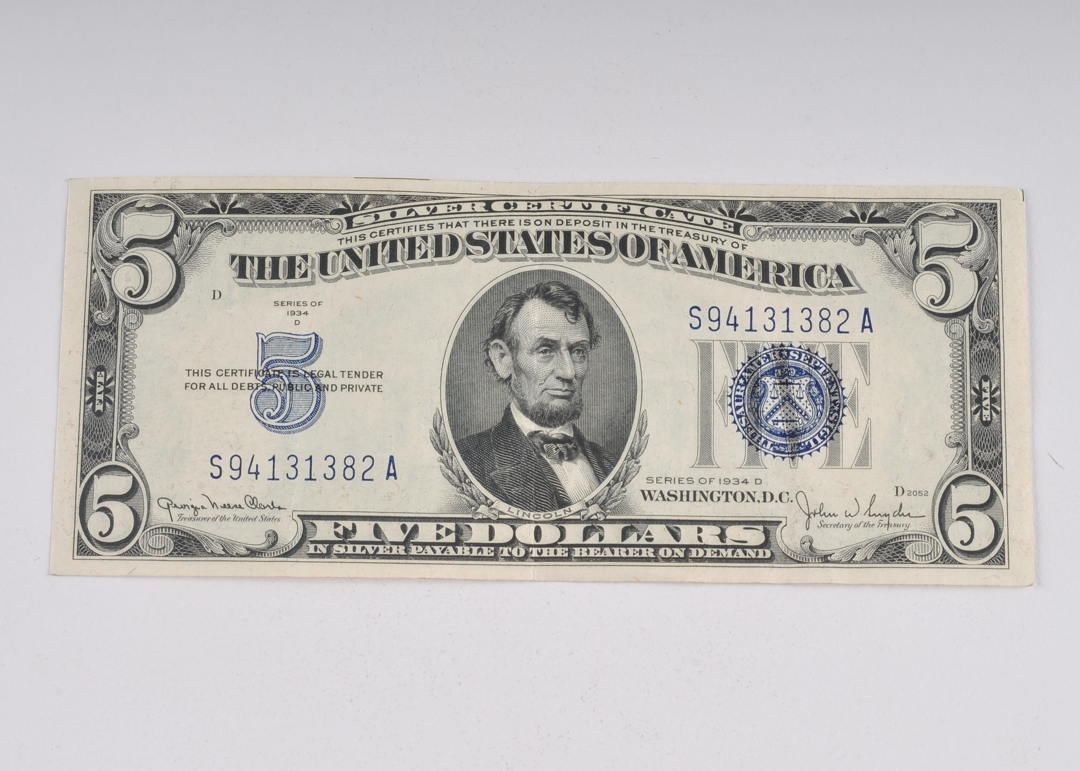 1934 D Five Dollar silver certificate with blue seal
