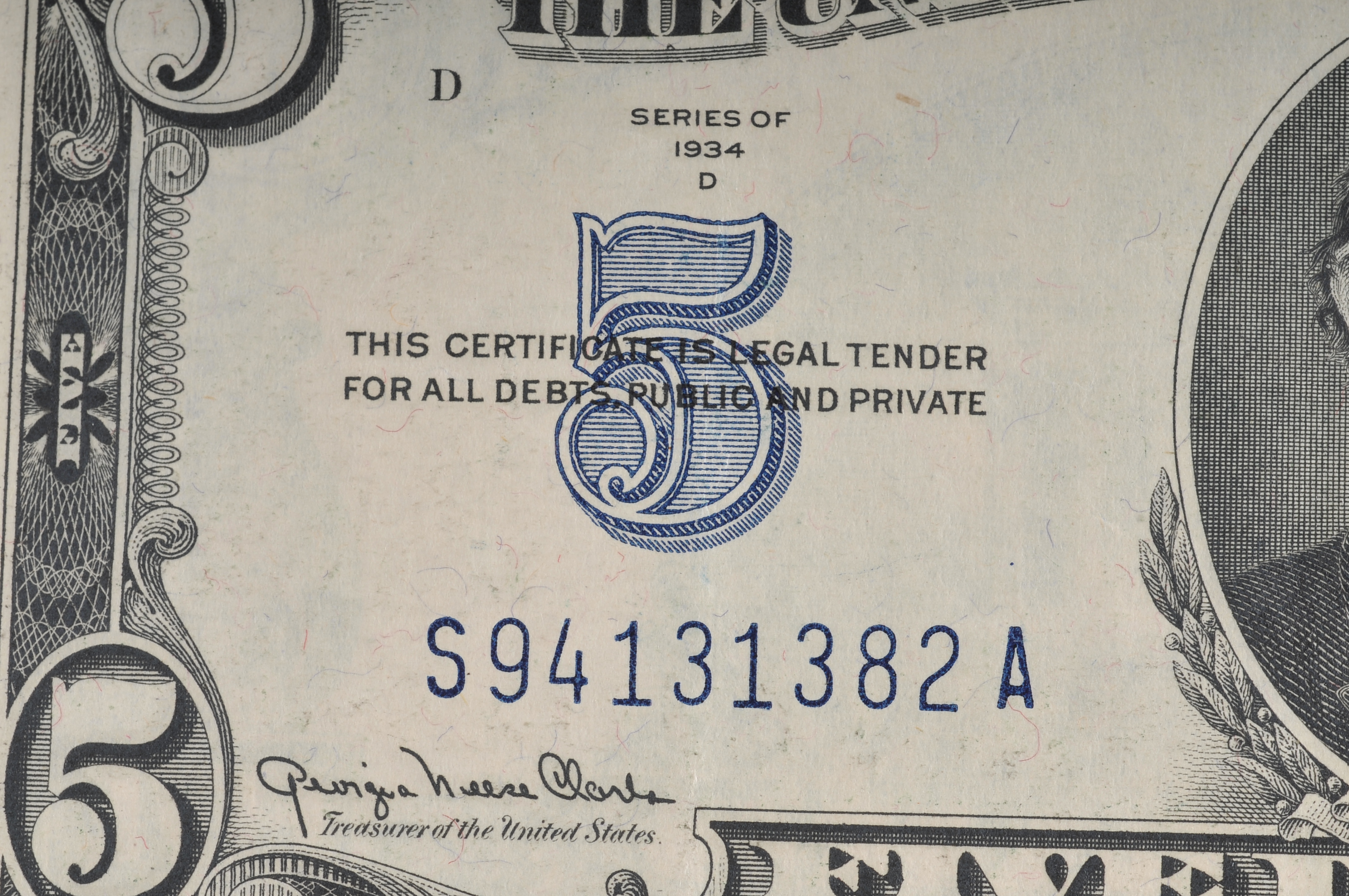 1934 D Five Dollar silver certificate with blue seal