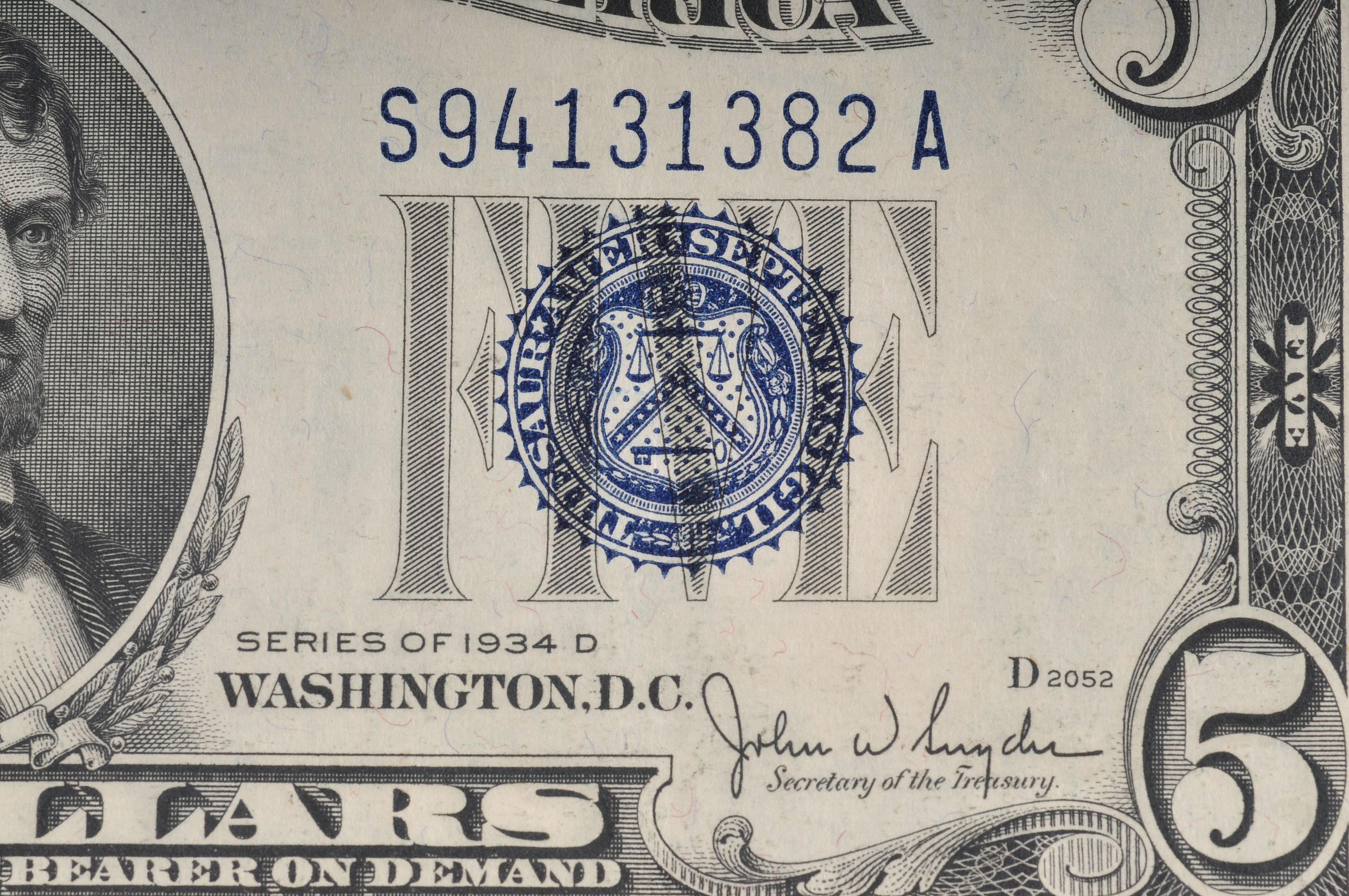1934 D Five Dollar silver certificate with blue seal